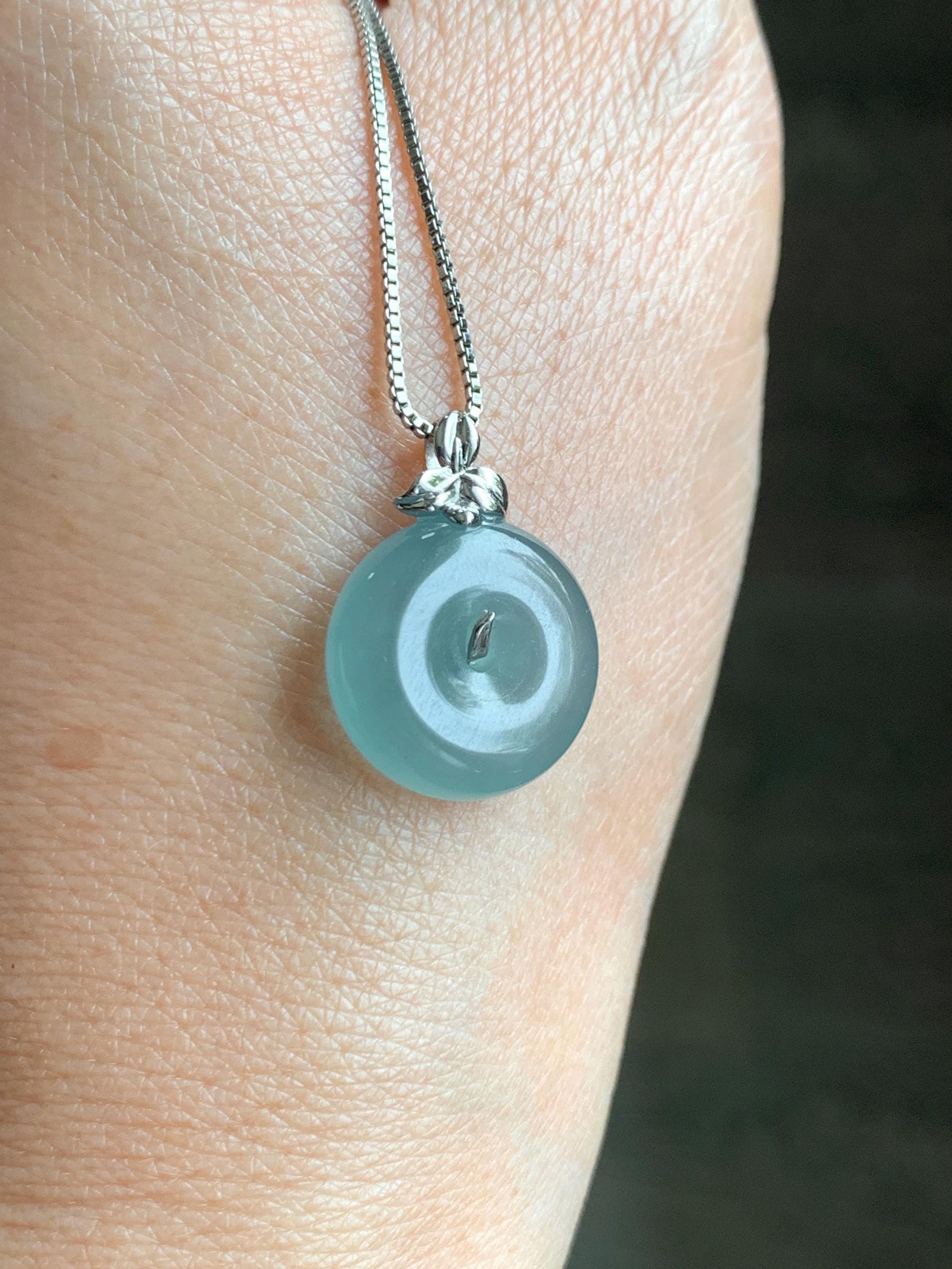 Certified Natural Guatemalan Icy Highly Translucent Teal Blue Jade Jadeite Ping An Kou Donut Pendant 14K White Gold 天然冰危蓝平安扣镶嵌吊坠 9435