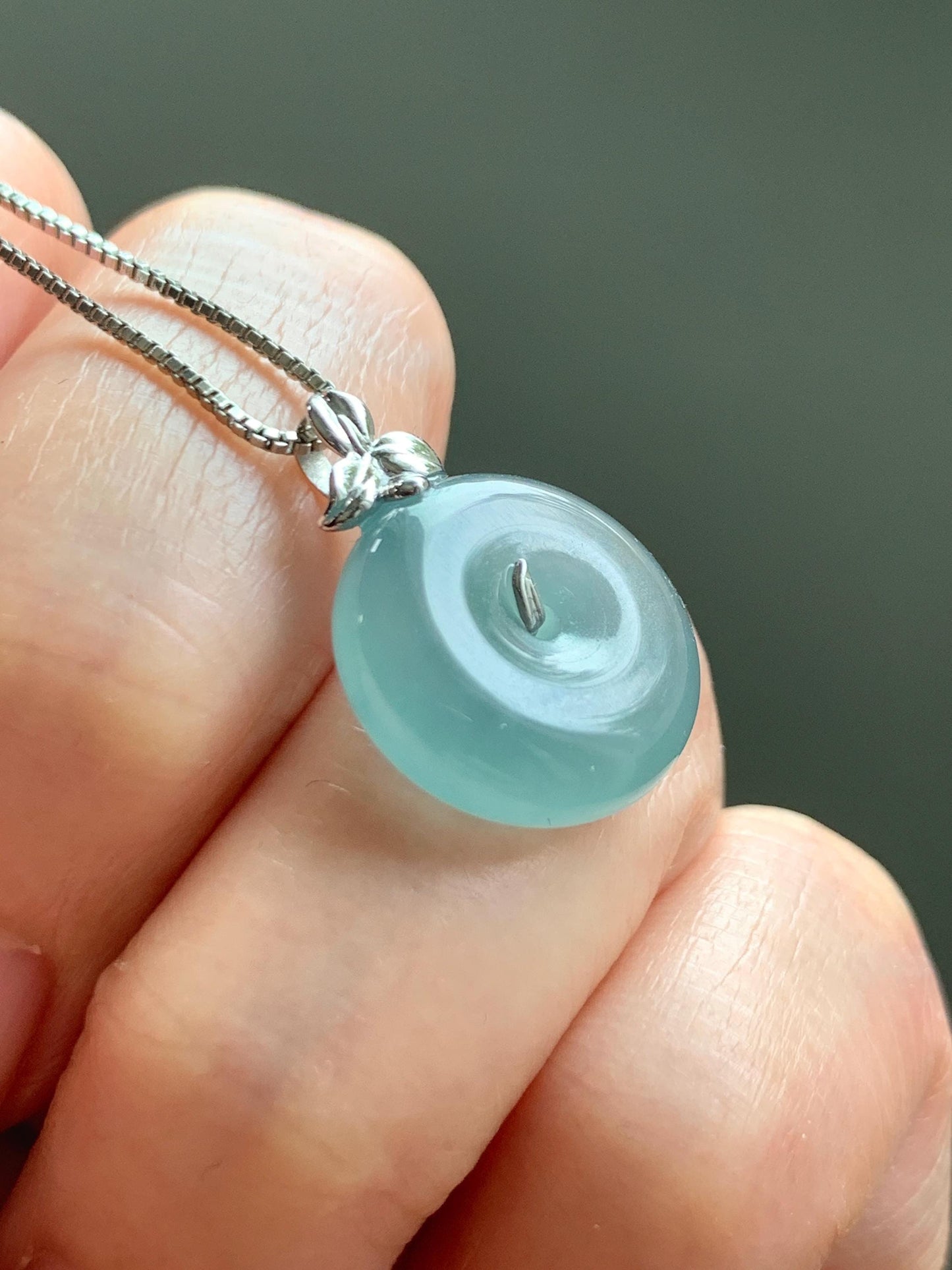Certified Natural Guatemalan Icy Highly Translucent Teal Blue Jade Jadeite Ping An Kou Donut Pendant 14K White Gold 天然冰危蓝平安扣镶嵌吊坠 9435
