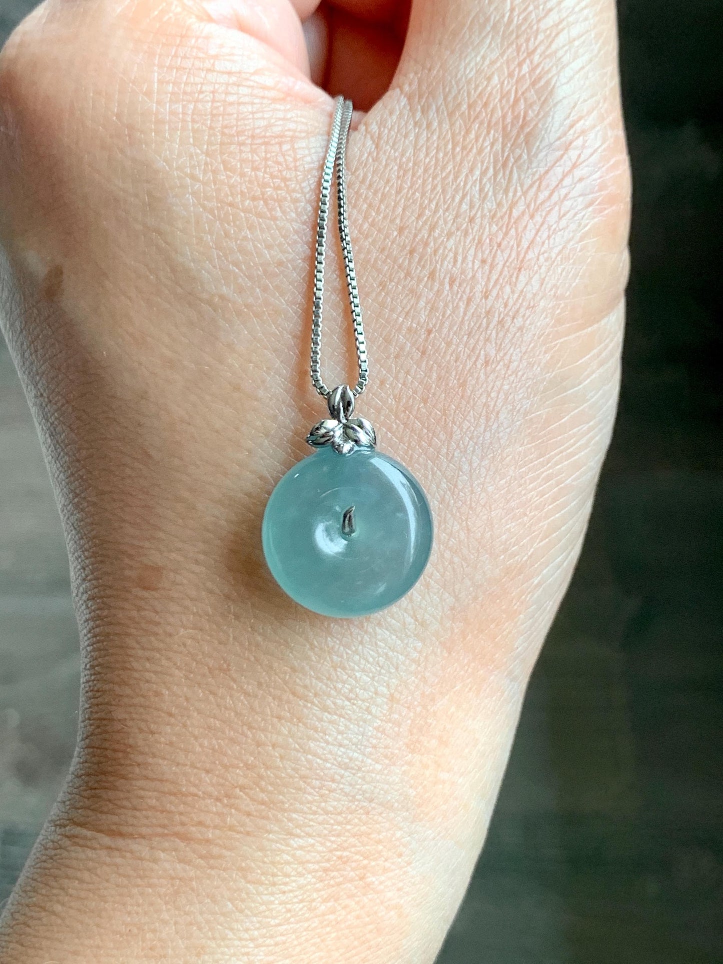 Certified Natural Guatemalan Icy Highly Translucent Teal Blue Jade Jadeite Ping An Kou Donut Pendant 14K White Gold 天然冰危蓝平安扣镶嵌吊坠 9435