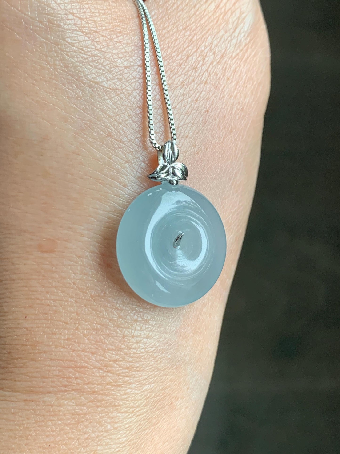 Certified Natural Guatemalan Icy Highly Translucent Pastel Teal Jade Jadeite Ping An Kou Donut Pendant 14K White Gold 天然冰危浅蓝绿平安扣镶嵌吊坠 9419