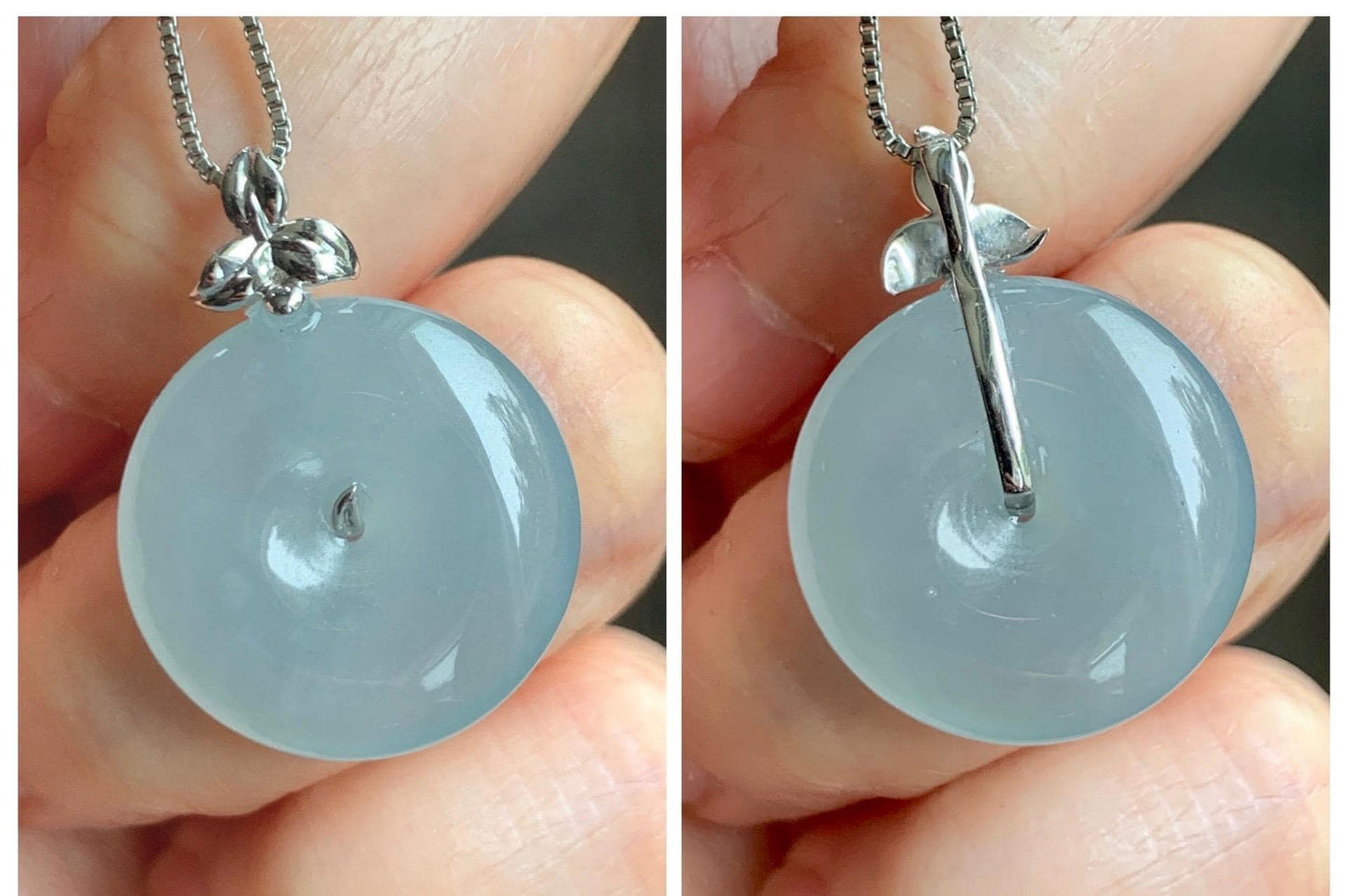 Certified Natural Guatemalan Icy Highly Translucent Pastel Teal Jade Jadeite Ping An Kou Donut Pendant 14K White Gold 天然冰危浅蓝绿平安扣镶嵌吊坠 9419