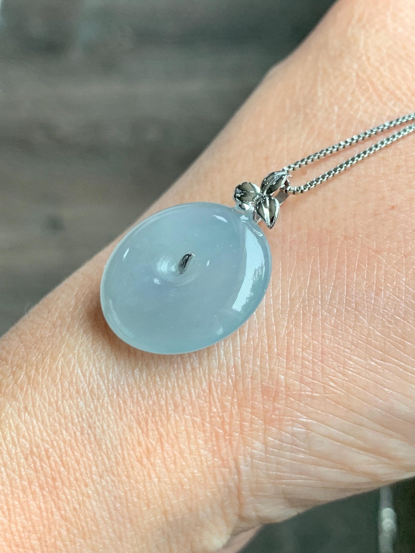 Certified Natural Guatemalan Icy Highly Translucent Pastel Teal Jade Jadeite Ping An Kou Donut Pendant 14K White Gold 天然冰危浅蓝绿平安扣镶嵌吊坠 9419