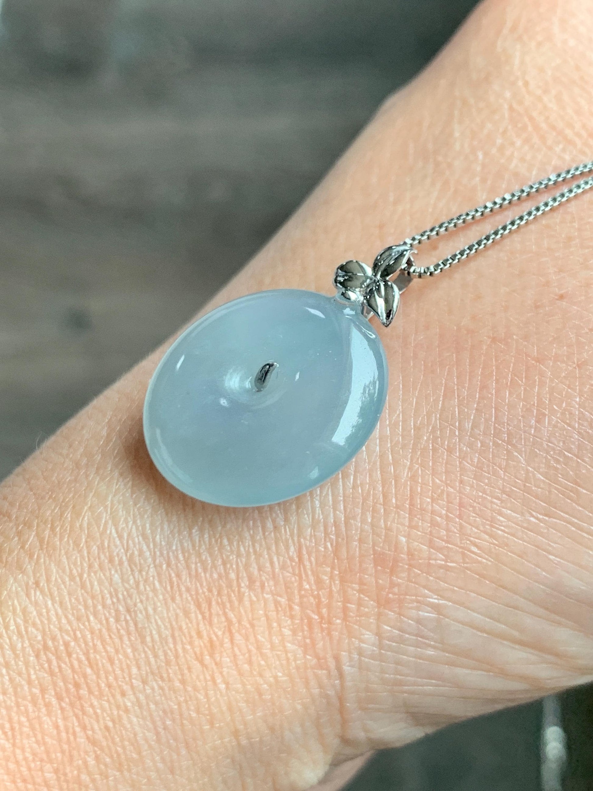 Certified Natural Guatemalan Icy Highly Translucent Pastel Teal Jade Jadeite Ping An Kou Donut Pendant 14K White Gold 天然冰危浅蓝绿平安扣镶嵌吊坠 9419