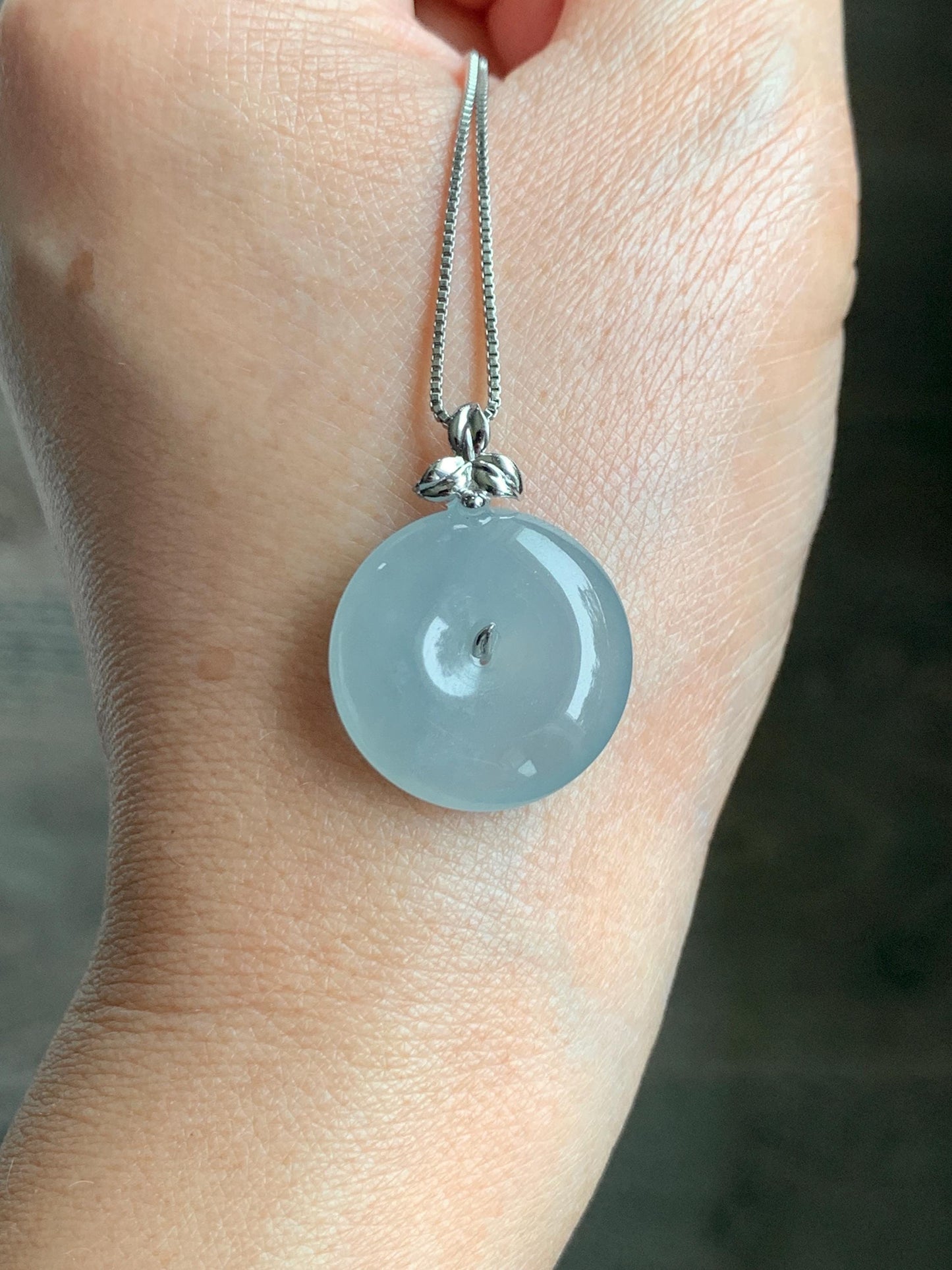 Certified Natural Guatemalan Icy Highly Translucent Pastel Teal Jade Jadeite Ping An Kou Donut Pendant 14K White Gold 天然冰危浅蓝绿平安扣镶嵌吊坠 9419