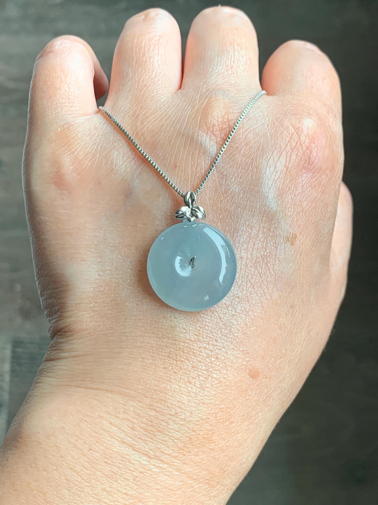 Certified Natural Guatemalan Icy Highly Translucent Pastel Teal Jade Jadeite Ping An Kou Donut Pendant 14K White Gold 天然冰危浅蓝绿平安扣镶嵌吊坠 9419