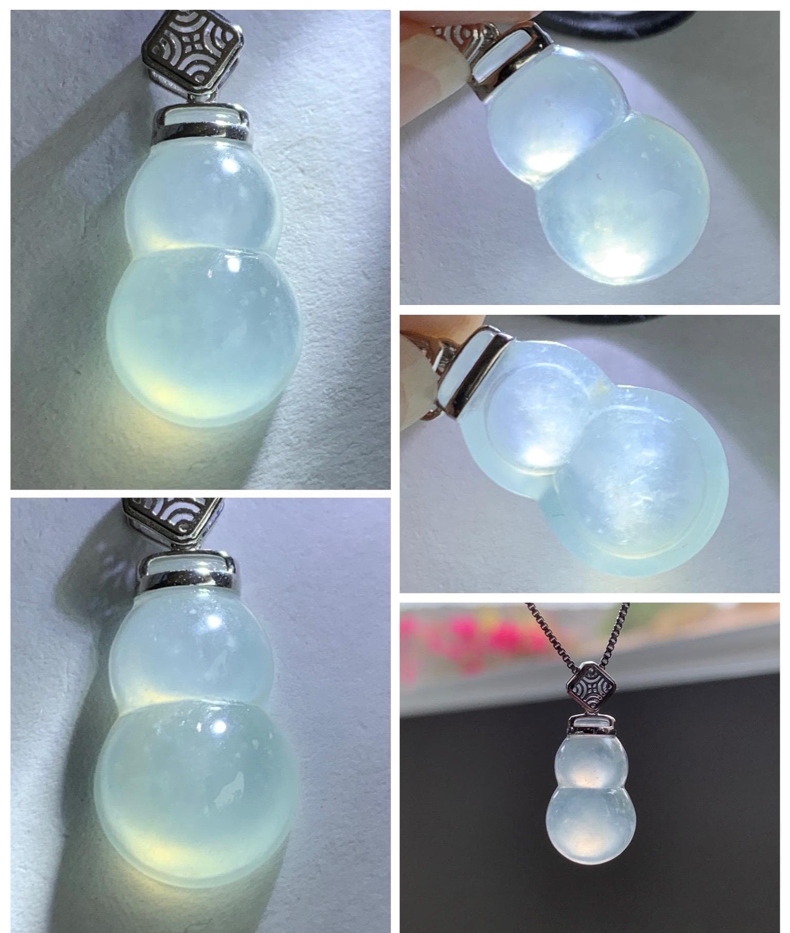 Certified Natural Grade A Premium Icy Highly Translucent White Jade Jadeite Hulu Gourd Pendant 18K White Gold 2g 天然起冰起光白冰翡翠葫芦镶嵌吊坠 9453