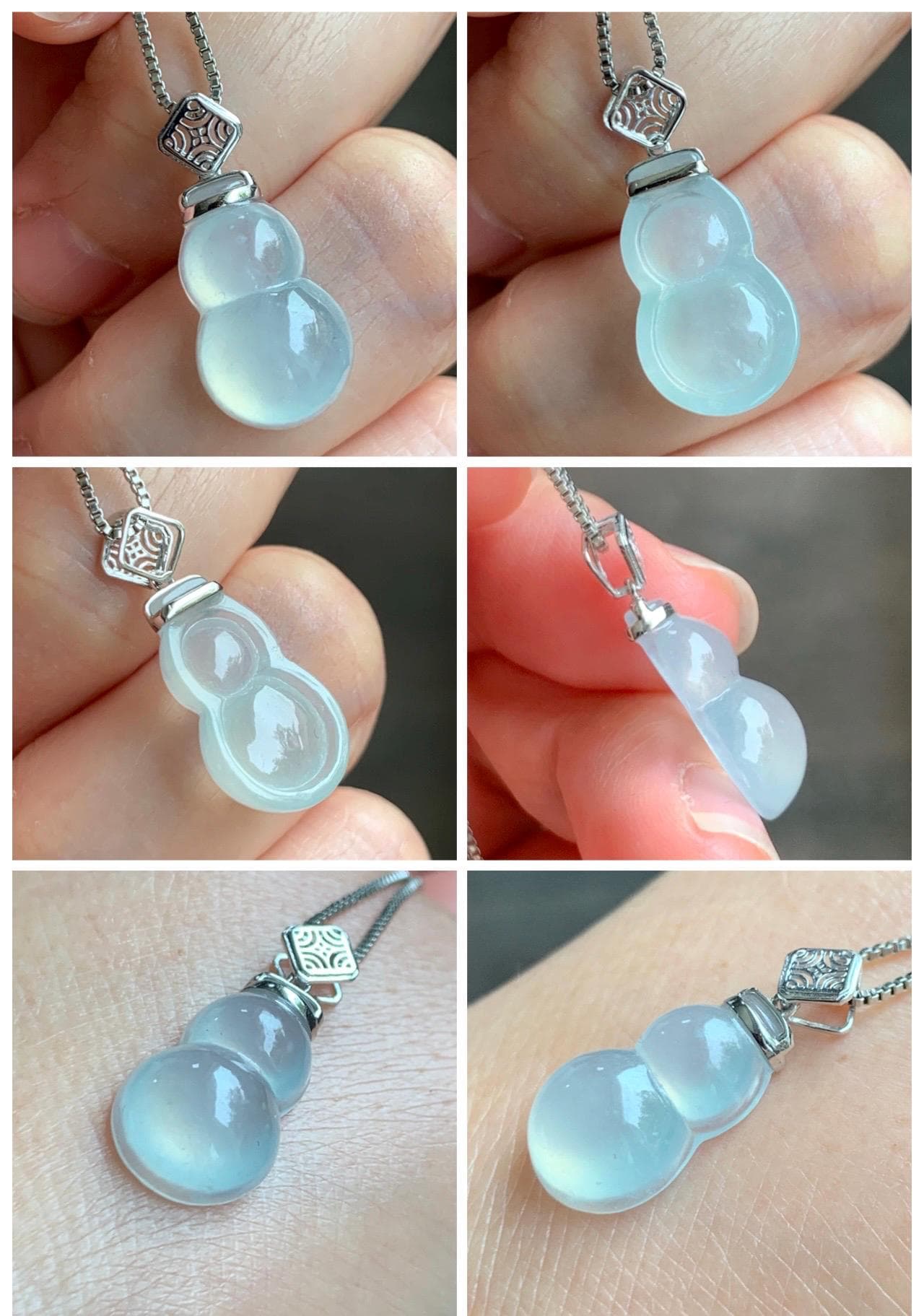Certified Natural Grade A Premium Icy Highly Translucent White Jade Jadeite Hulu Gourd Pendant 18K White Gold 2g 天然起冰起光白冰翡翠葫芦镶嵌吊坠 9453