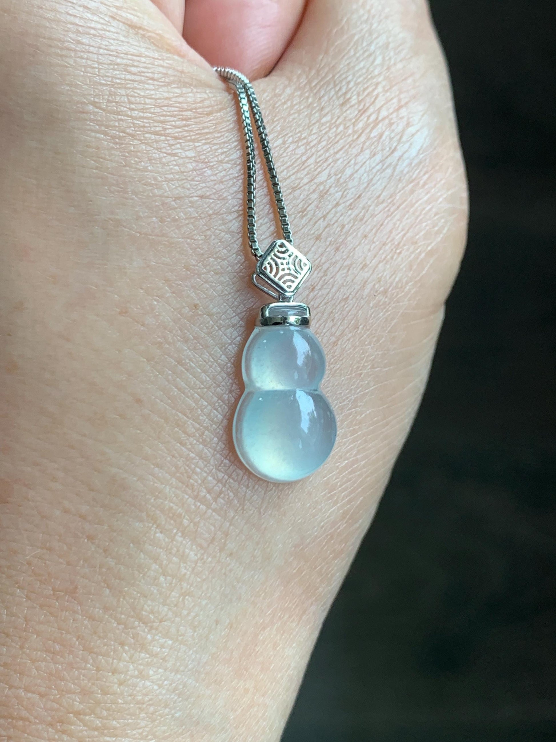 Certified Natural Grade A Premium Icy Highly Translucent White Jade Jadeite Hulu Gourd Pendant 18K White Gold 2g 天然起冰起光白冰翡翠葫芦镶嵌吊坠 9453