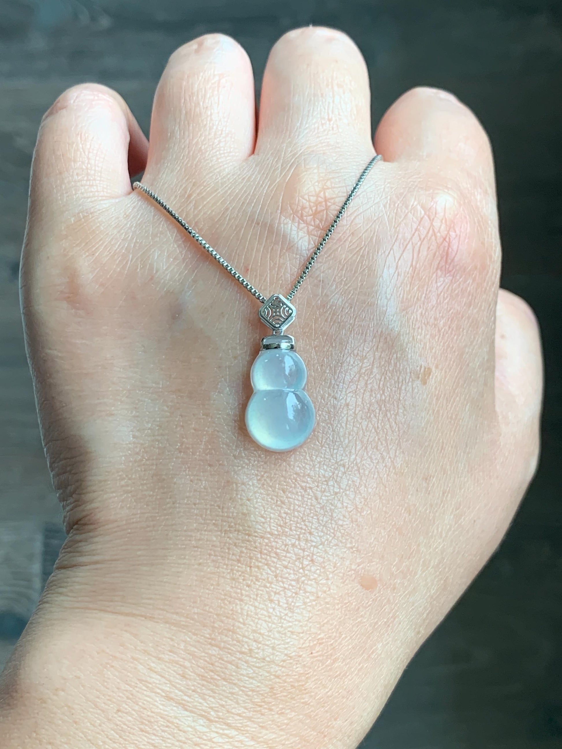 Certified Natural Grade A Premium Icy Highly Translucent White Jade Jadeite Hulu Gourd Pendant 18K White Gold 2g 天然起冰起光白冰翡翠葫芦镶嵌吊坠 9453