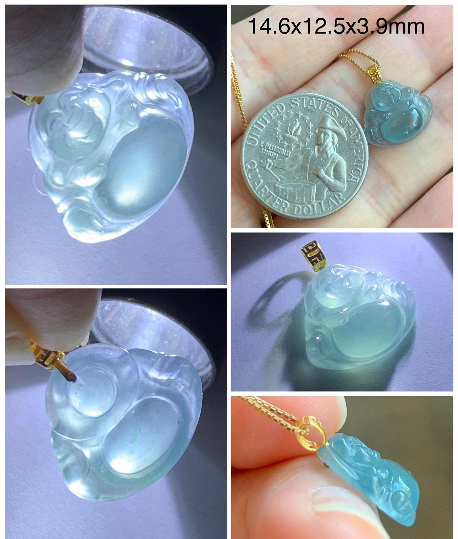 Natural Grade A Guatemalan Icy Highly Translucent Teal Blue Jade Jadeite Buddha Petite Pendant 18K Yellow Gold 天然冰危蓝翡翠小佛公镶嵌吊坠 XWF115