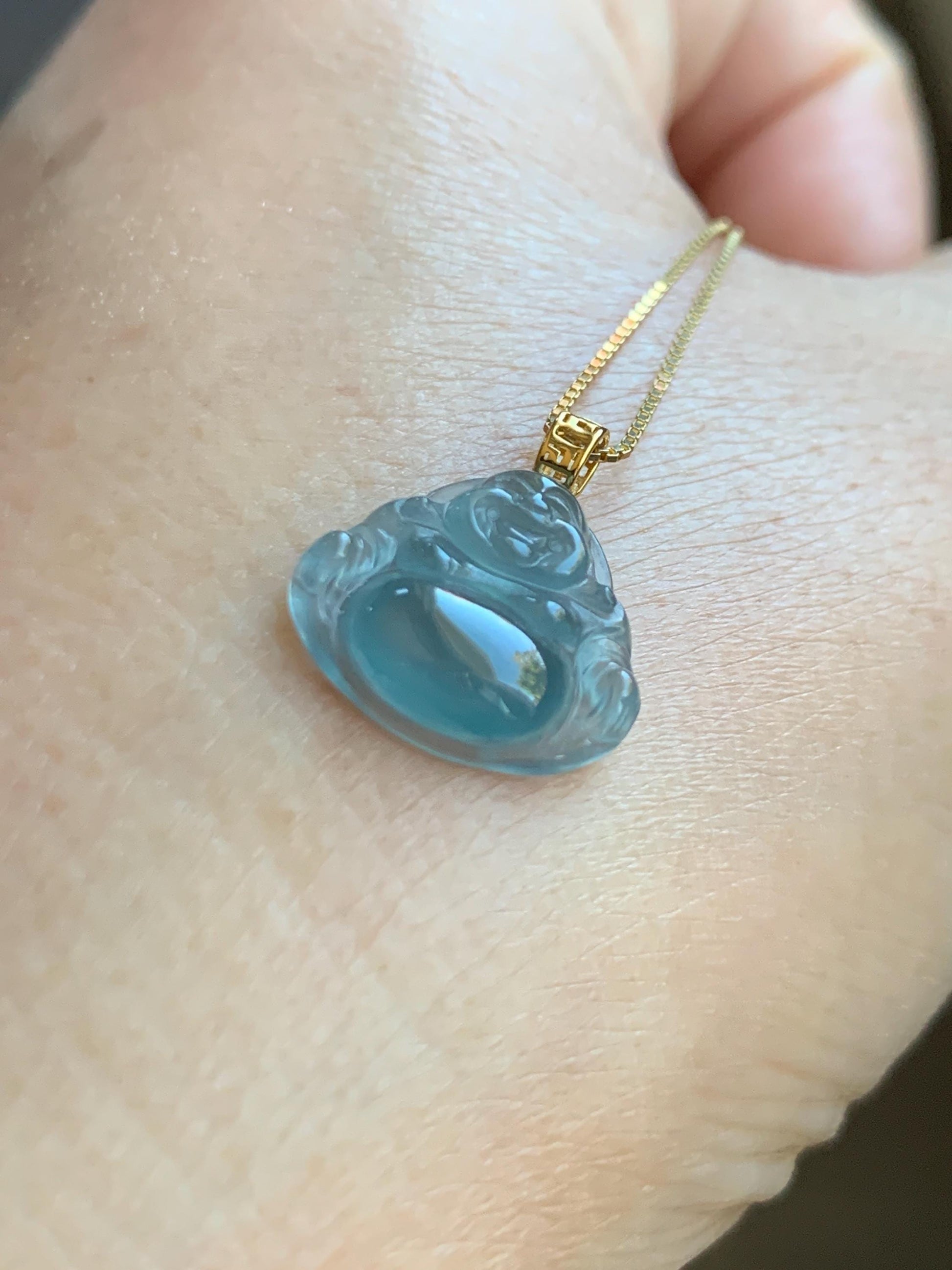 Natural Grade A Guatemalan Icy Highly Translucent Teal Blue Jade Jadeite Buddha Petite Pendant 18K Yellow Gold 天然冰危蓝翡翠小佛公镶嵌吊坠 XWF115