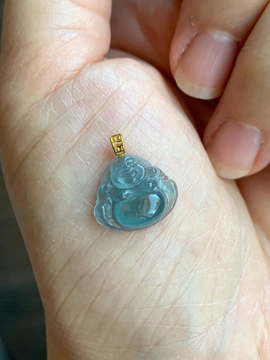 Natural Grade A Guatemalan Icy Highly Translucent Teal Blue Jade Jadeite Buddha Petite Pendant 18K Yellow Gold 天然冰危蓝翡翠小佛公镶嵌吊坠 XWF115