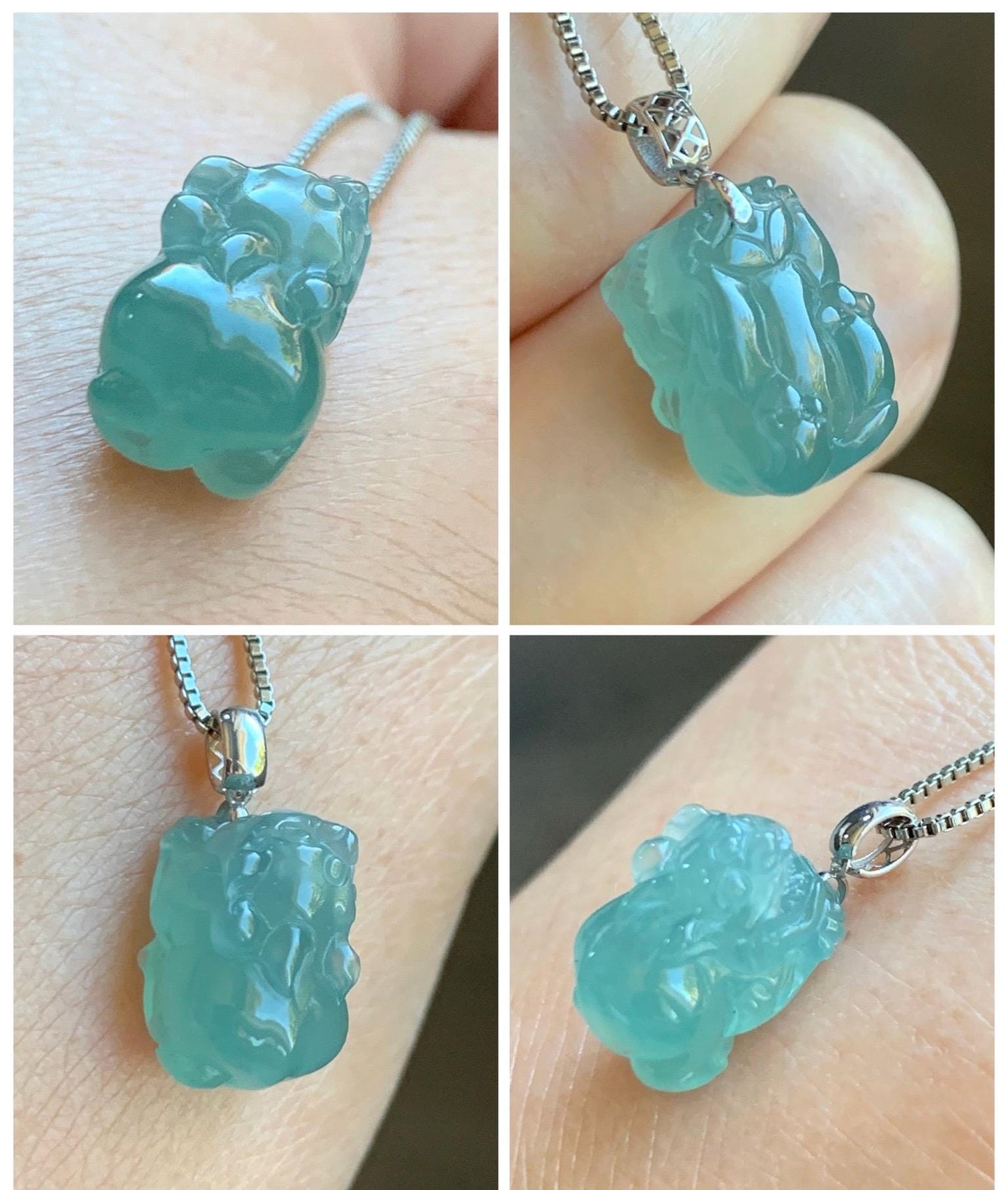 Natural Grade A Guatemalan Icy highly Translucent Gelatinous Teal Jade Jadeite Pudgy Pixiu Pendant 18K White Gold 天然老种冰危蓝起胶翡翠小貔貅吊坠 JGP160A