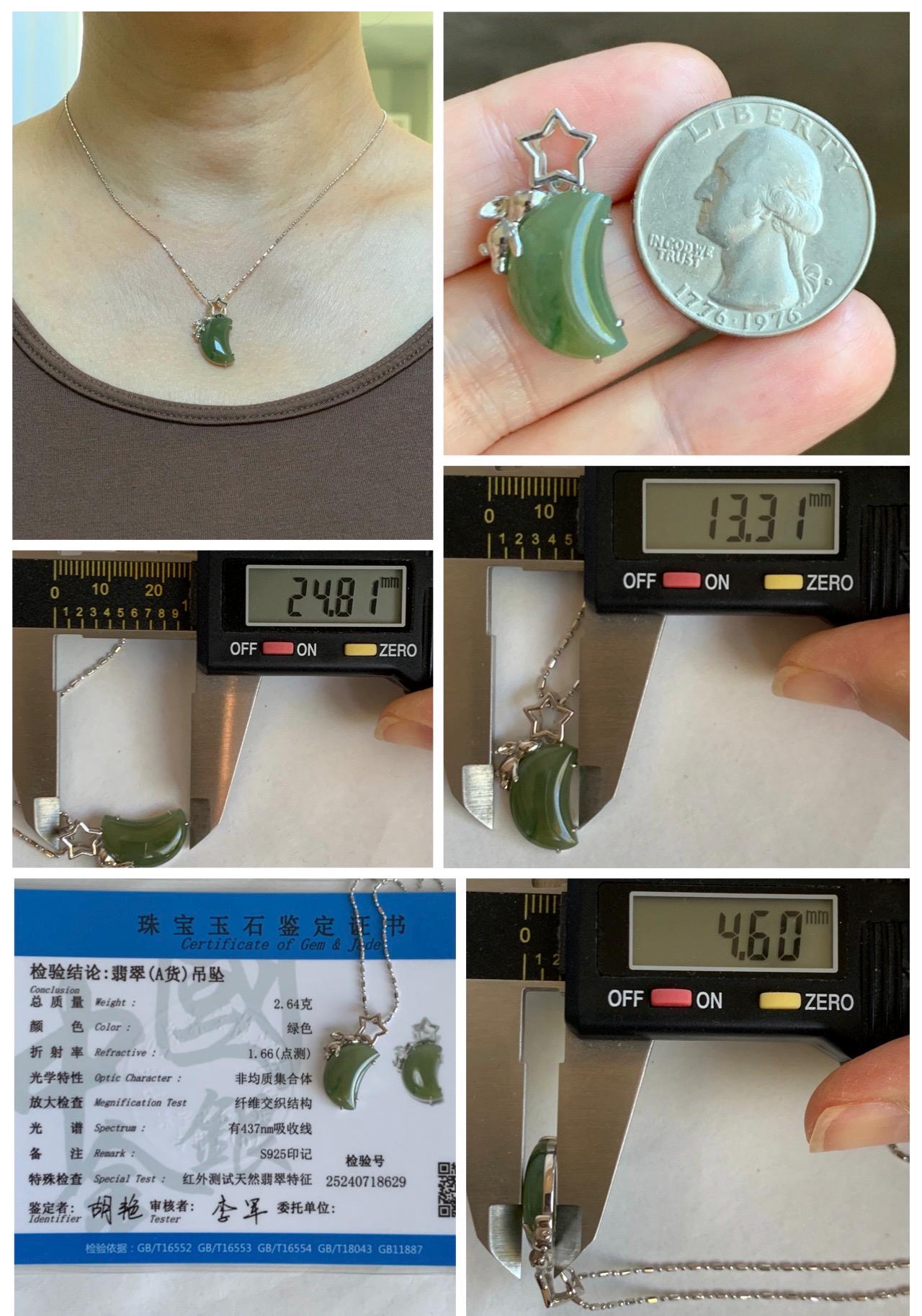 Certified Natural Grade A Icy Translucent Olive Green Jade Jadeite Moon Rabbit Pendant Sterling Silver Custom Design 天然冰橄榄绿飘花翡翠月亮小兔镶嵌吊坠 8629