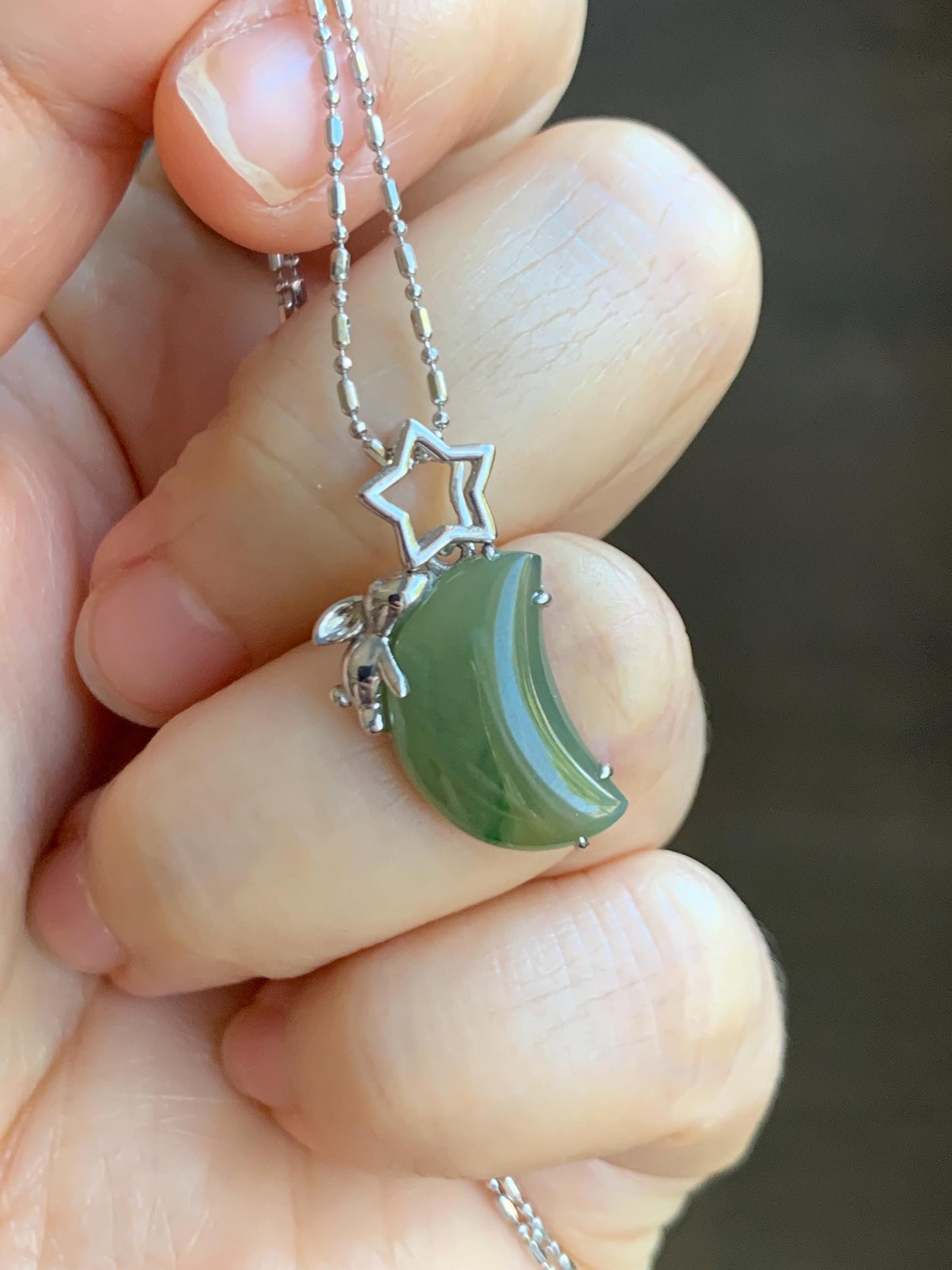 Certified Natural Grade A Icy Translucent Olive Green Jade Jadeite Moon Rabbit Pendant Sterling Silver Custom Design 天然冰橄榄绿飘花翡翠月亮小兔镶嵌吊坠 8629