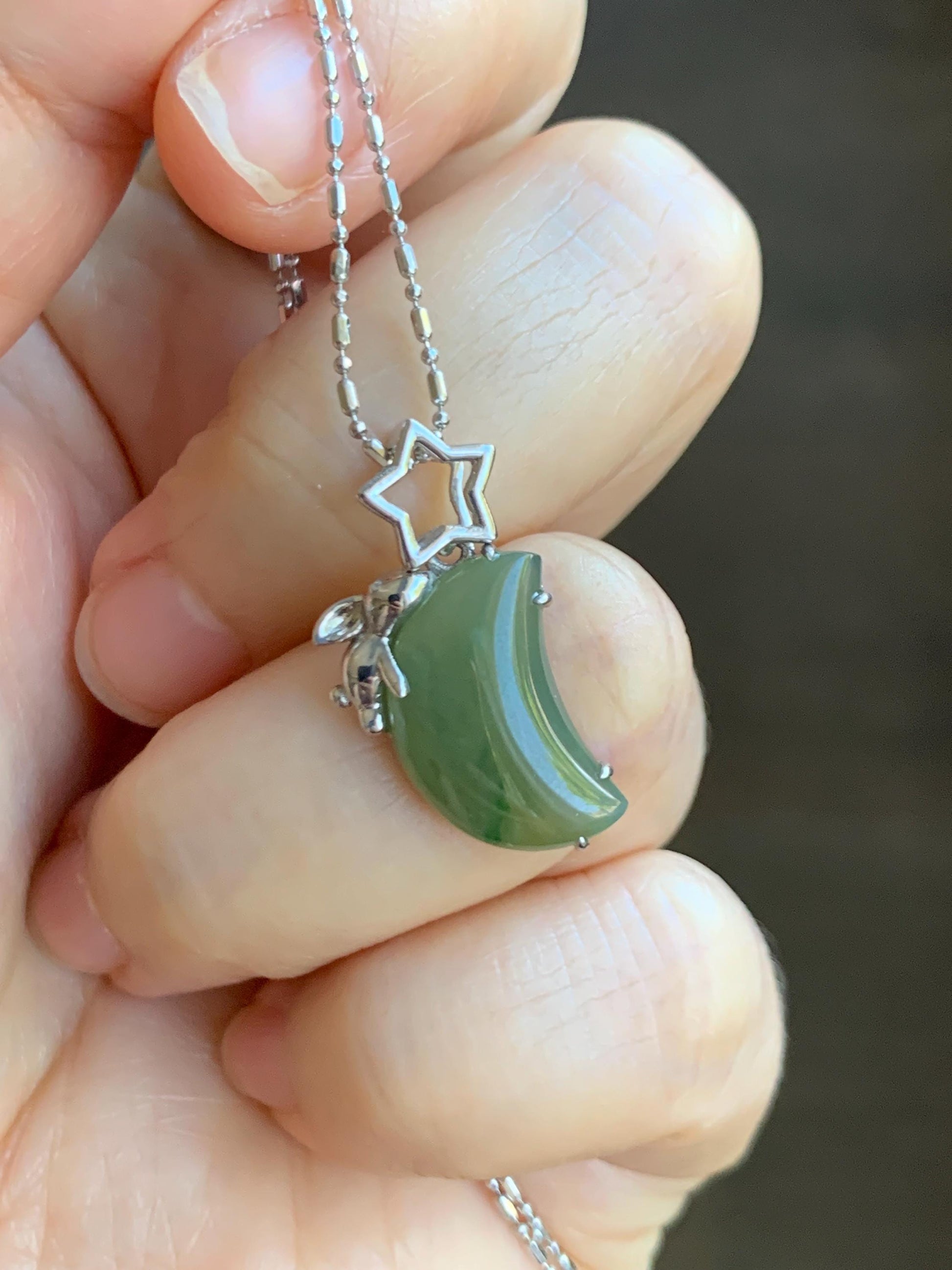 Certified Natural Grade A Icy Translucent Olive Green Jade Jadeite Moon Rabbit Pendant Sterling Silver Custom Design 天然冰橄榄绿飘花翡翠月亮小兔镶嵌吊坠 8629