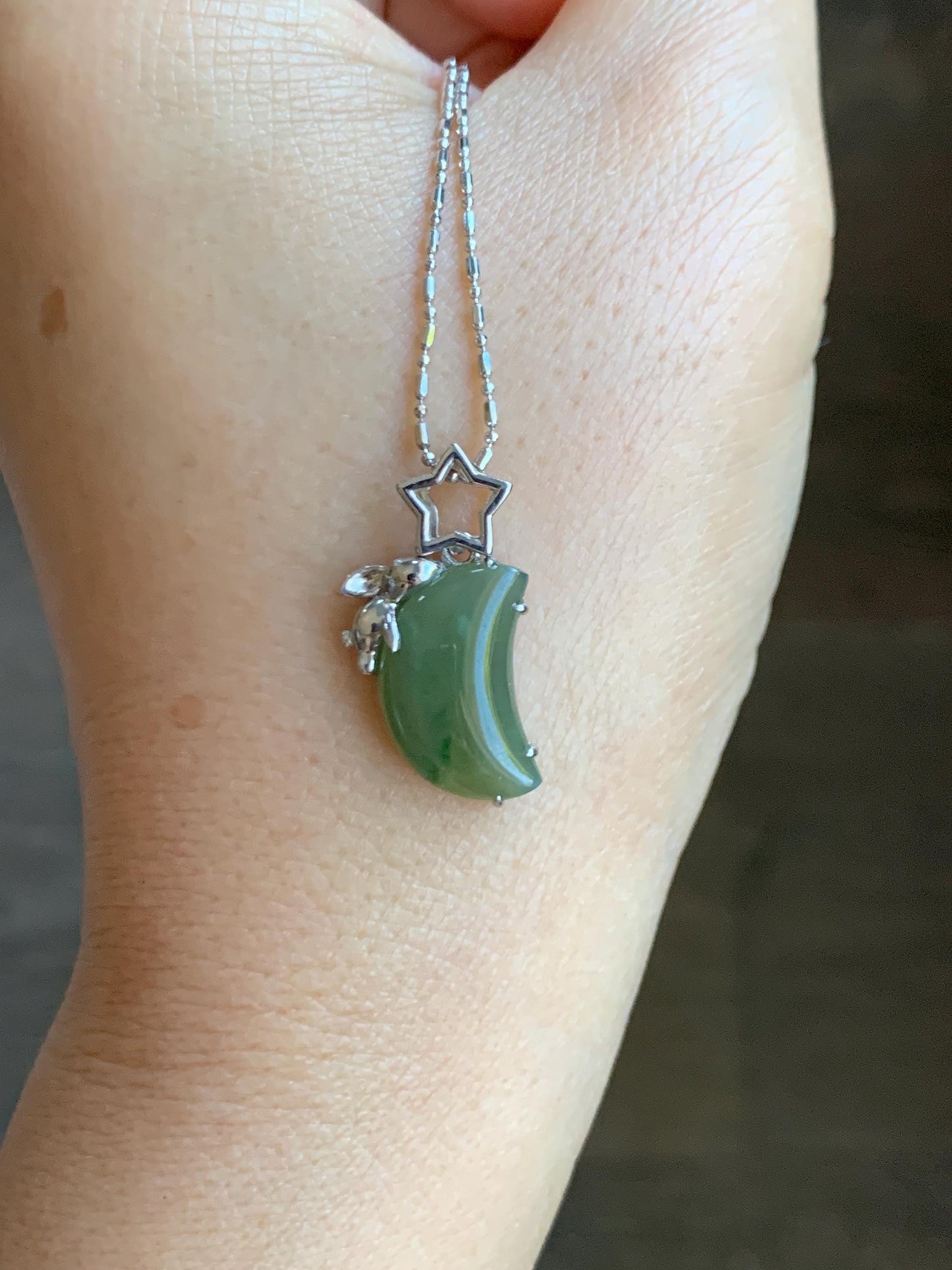 Certified Natural Grade A Icy Translucent Olive Green Jade Jadeite Moon Rabbit Pendant Sterling Silver Custom Design 天然冰橄榄绿飘花翡翠月亮小兔镶嵌吊坠 8629