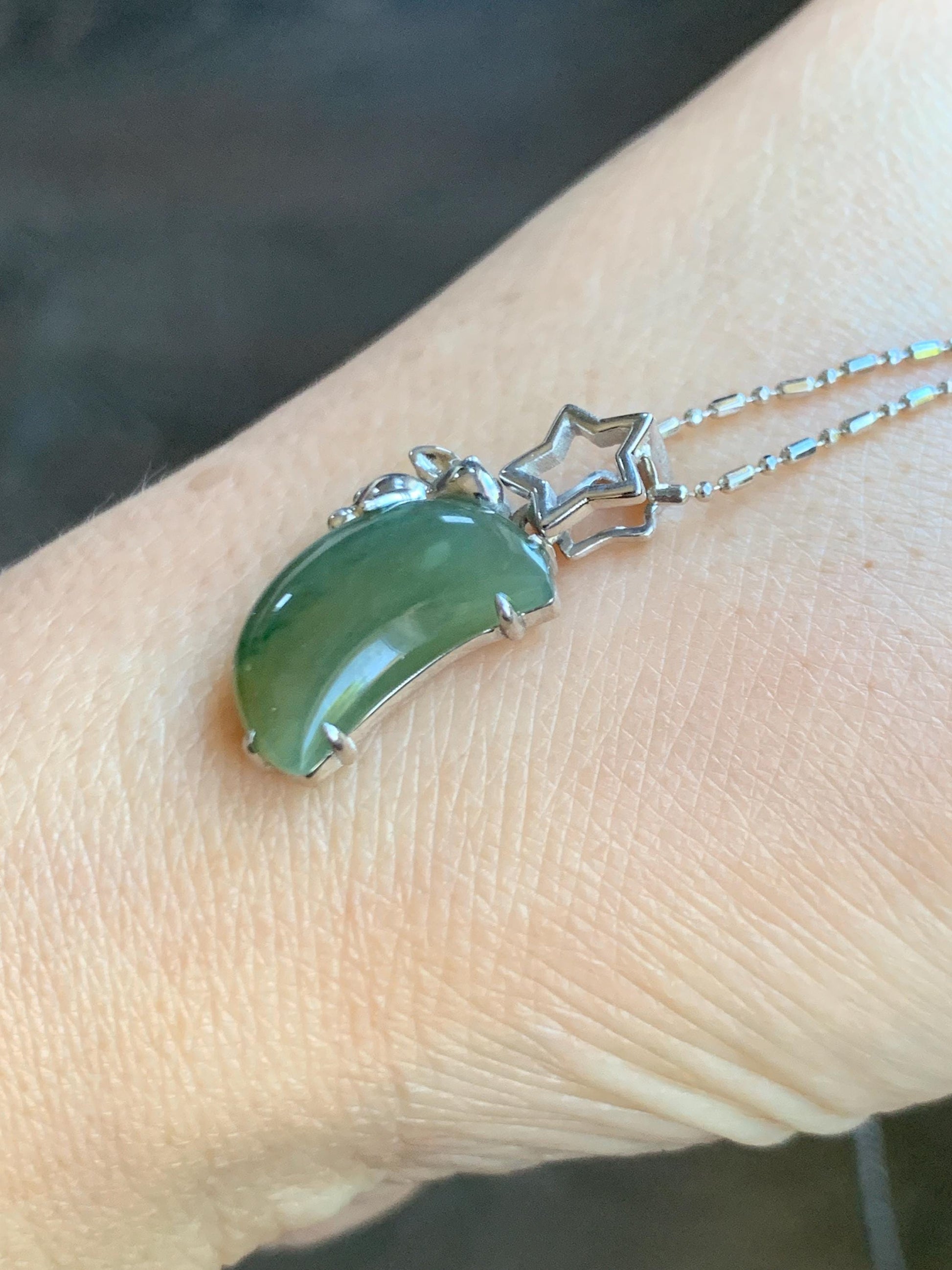 Certified Natural Grade A Icy Translucent Olive Green Jade Jadeite Moon Rabbit Pendant Sterling Silver Custom Design 天然冰橄榄绿飘花翡翠月亮小兔镶嵌吊坠 8629
