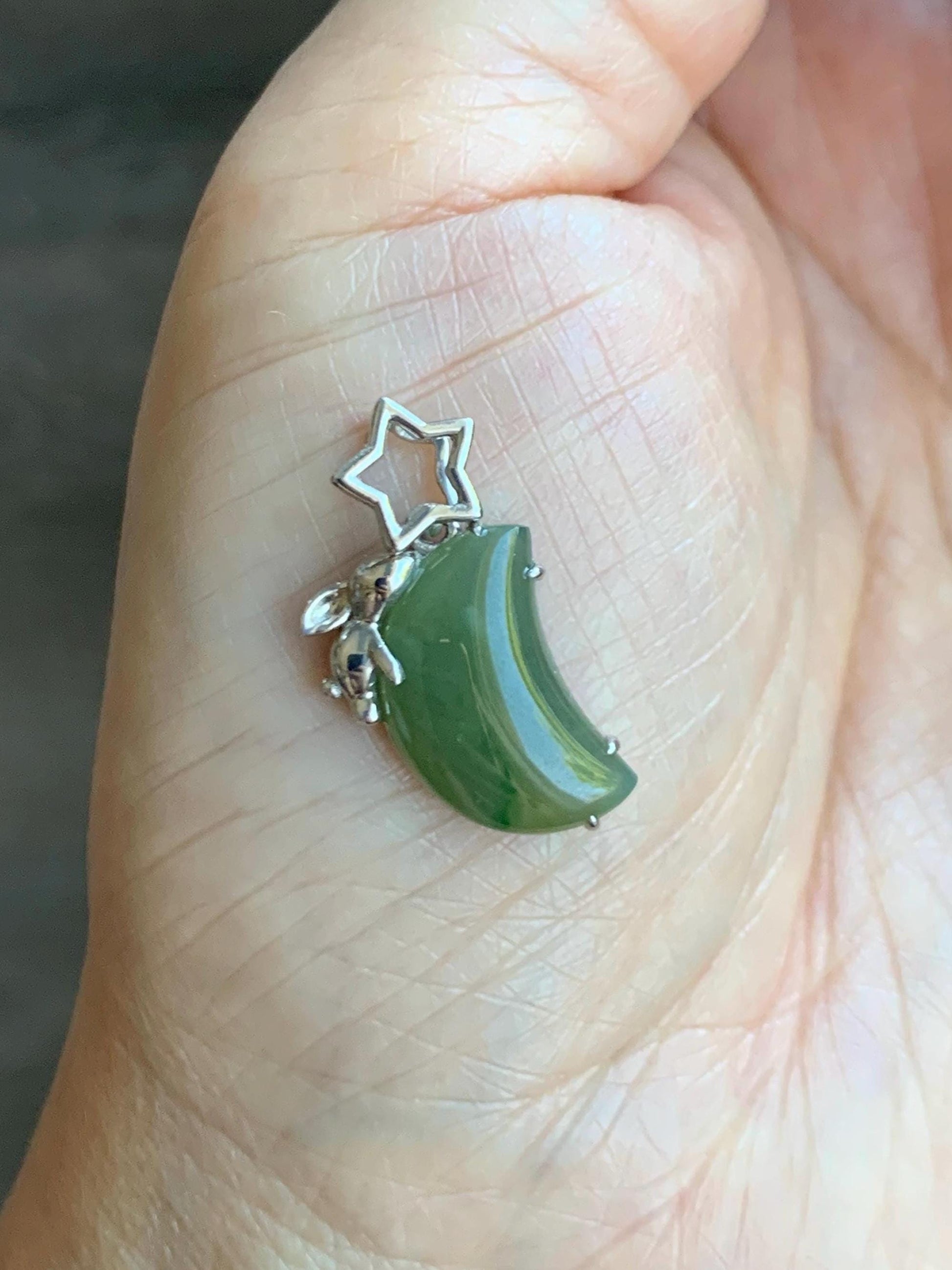 Certified Natural Grade A Icy Translucent Olive Green Jade Jadeite Moon Rabbit Pendant Sterling Silver Custom Design 天然冰橄榄绿飘花翡翠月亮小兔镶嵌吊坠 8629