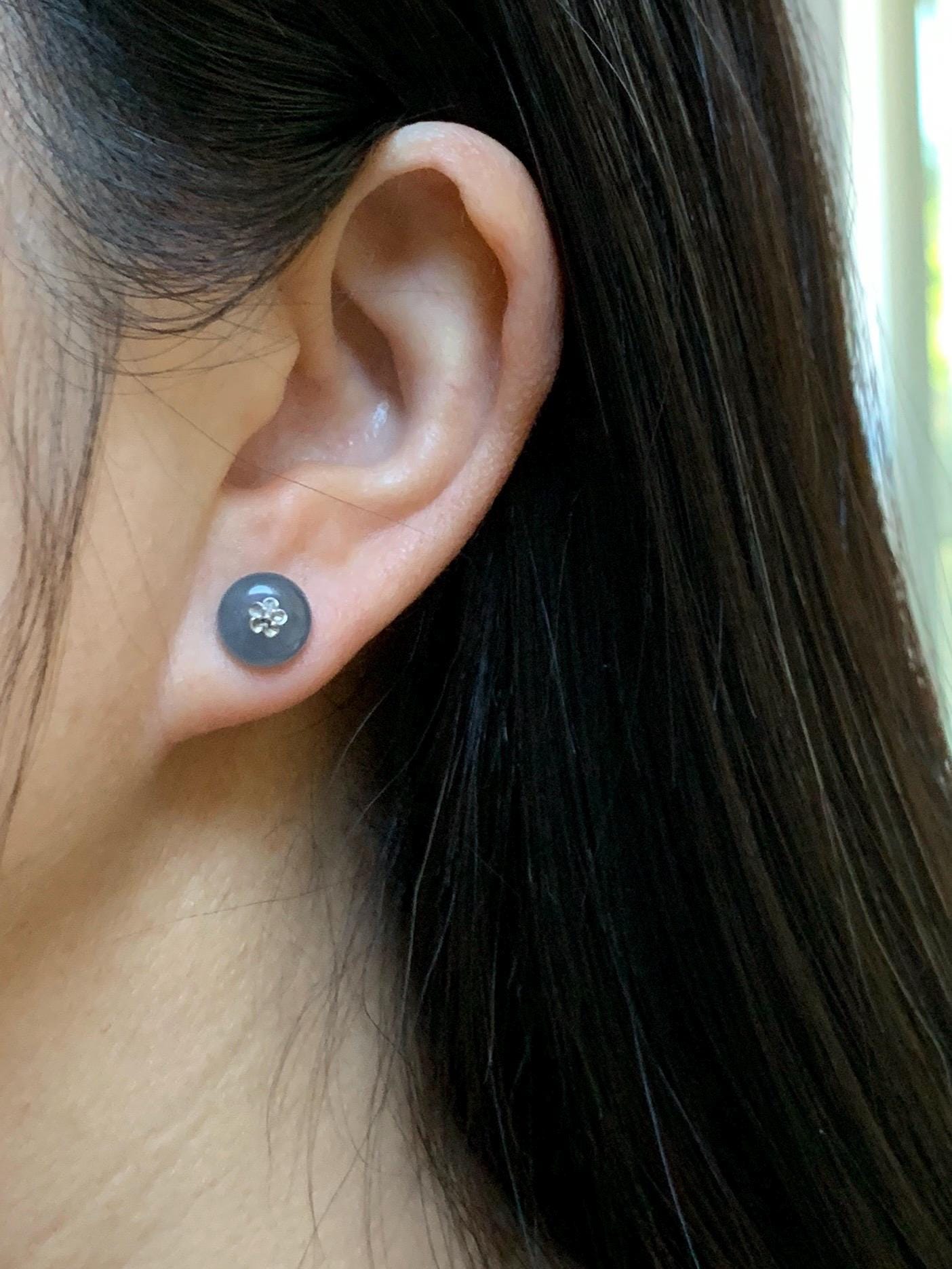 Certified Grade A Natural Guatemalan Icy Translucent Blue Jade Jadeite Drum Bead Stud Earrings 18K White Gold 2.11g 天然冰危蓝水翡翠鼓珠K金镶嵌耳钉 1643