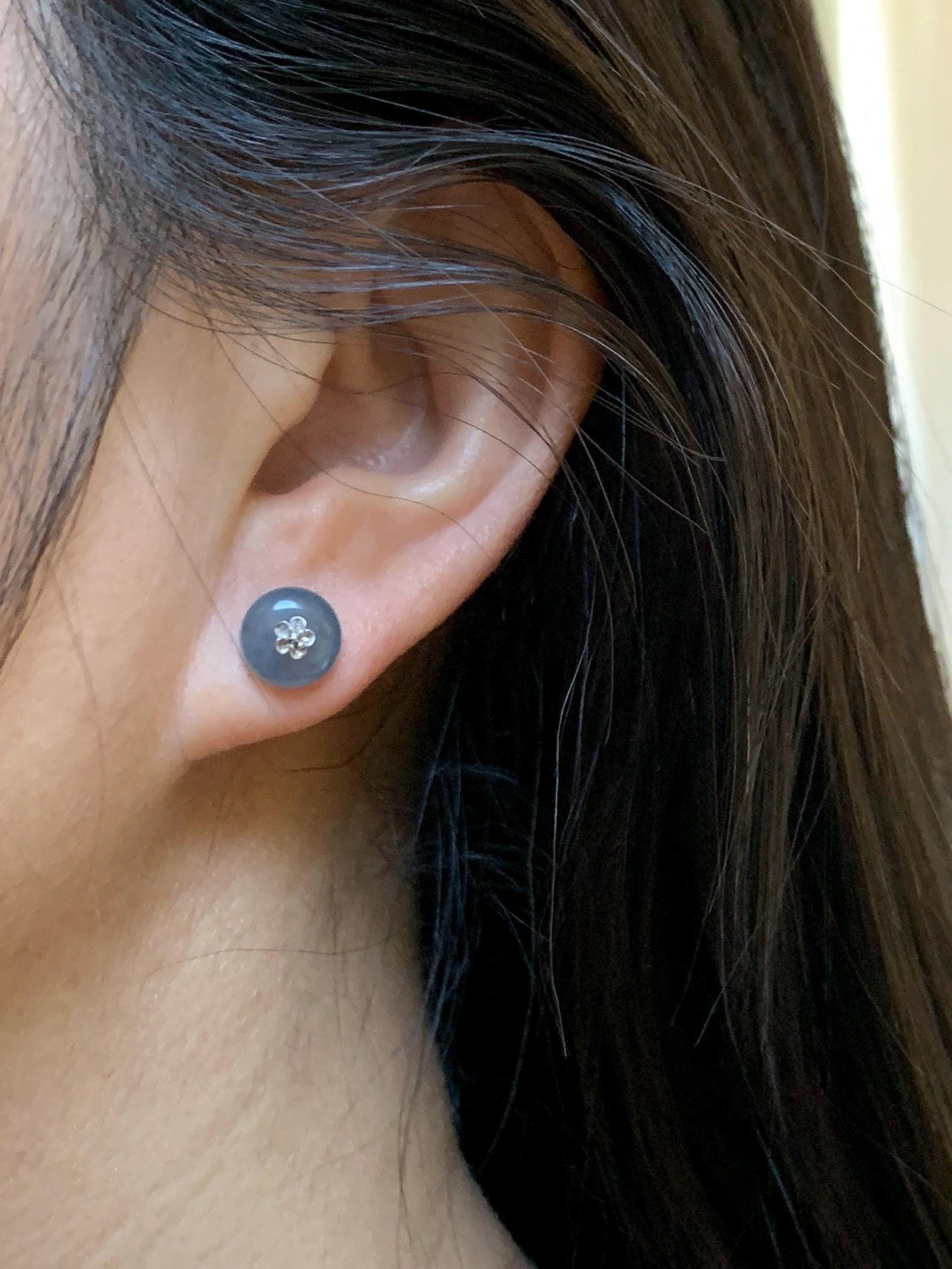 Certified Grade A Natural Guatemalan Icy Translucent Blue Jade Jadeite Drum Bead Stud Earrings 18K White Gold 2.11g 天然冰危蓝水翡翠鼓珠K金镶嵌耳钉 1643