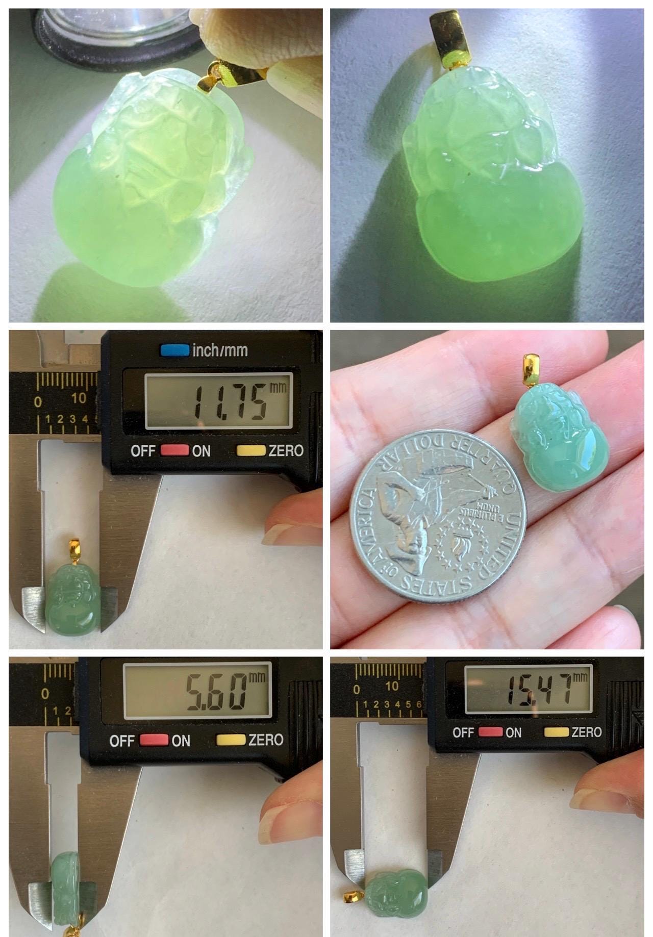 PETITE Natural Grade A Icy Translucent Light Green Jade Jadeite Carved Pixiu Pendant 18K Yellow Gold 天然冰绿翡翠貔貅吊坠 ZYC179