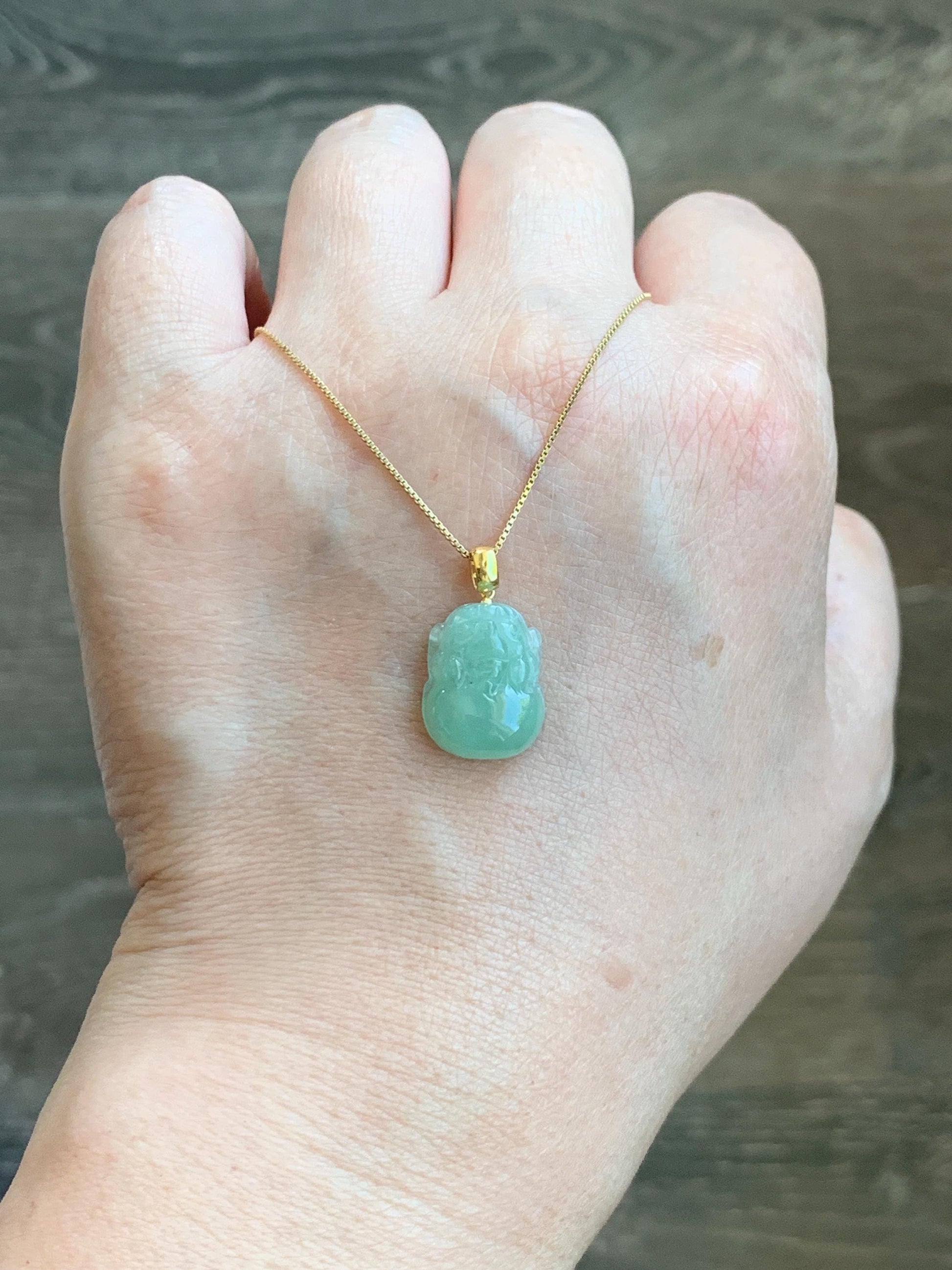 PETITE Natural Grade A Icy Translucent Light Green Jade Jadeite Carved Pixiu Pendant 18K Yellow Gold 天然冰绿翡翠貔貅吊坠 ZYC179
