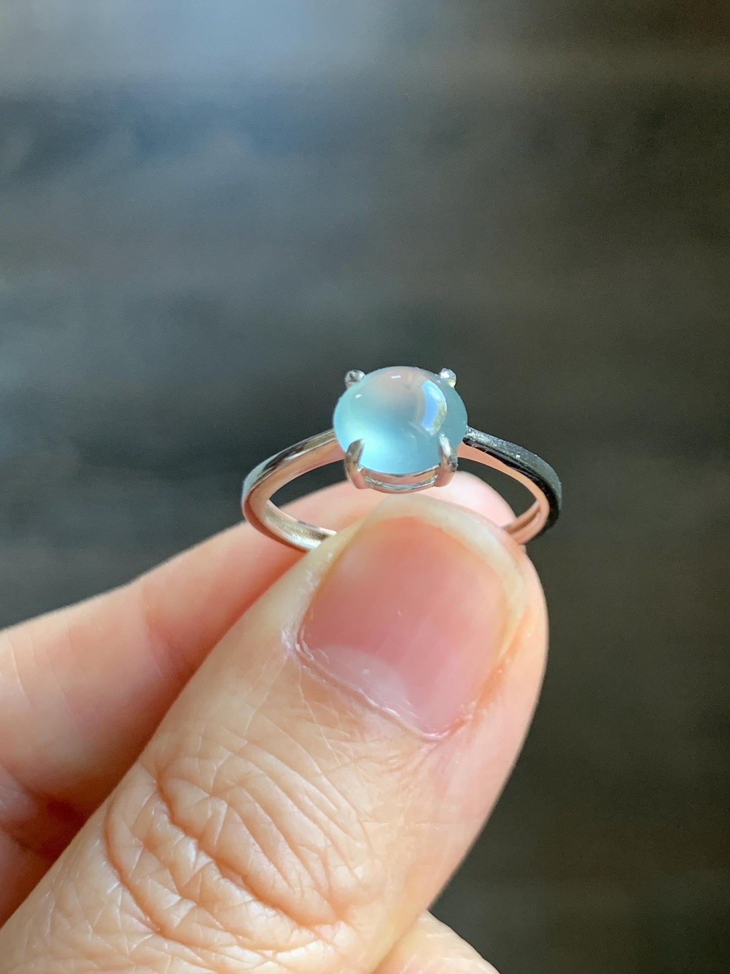 Natural Grade A Guatemalan Icy Highly Translucent Light Blue Jade Jadeite Solitaire Ring Sterling Silver Size Adjustable 天然高冰危蓝翡翠银镶戒指 GBL88