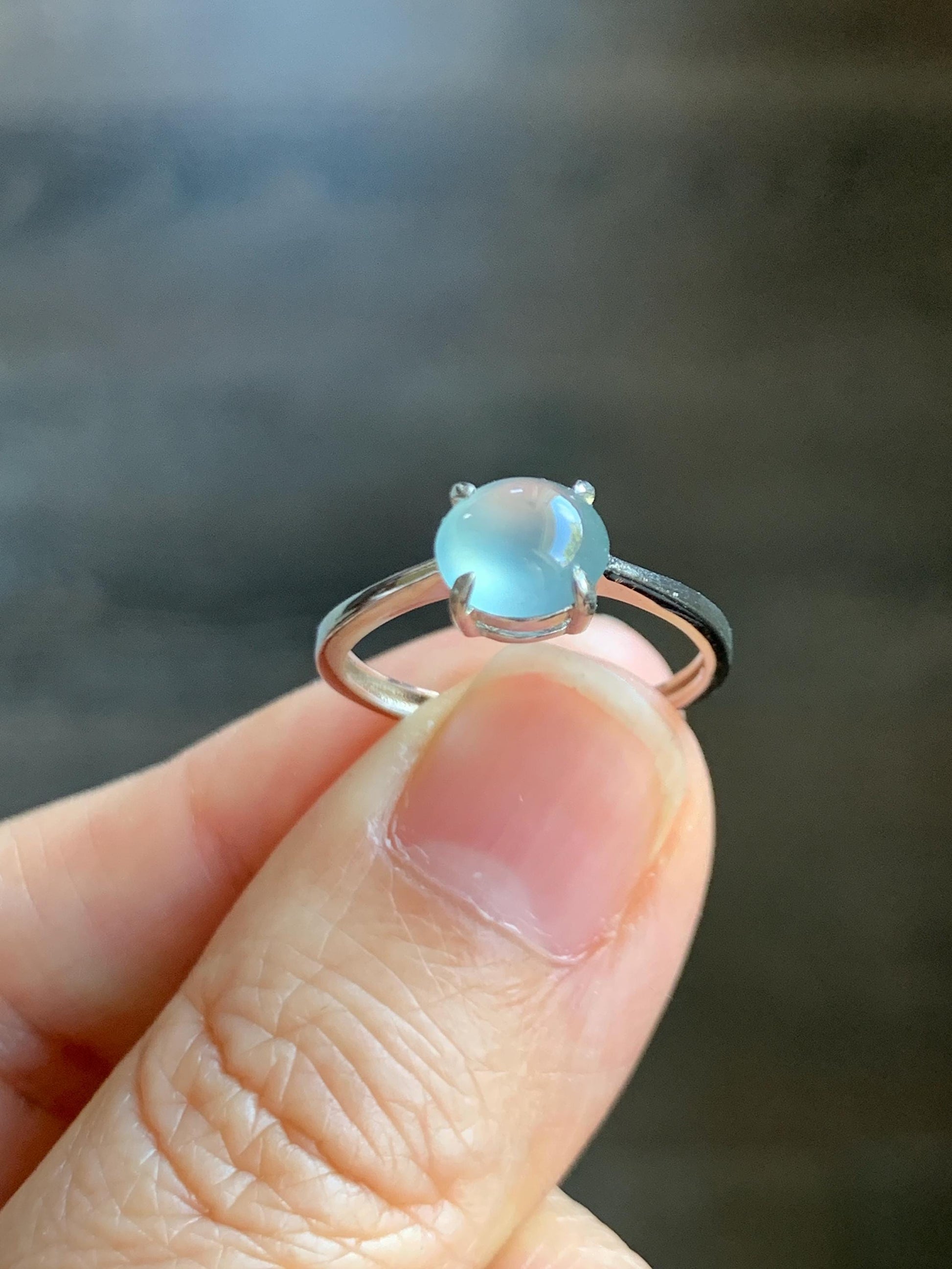 Natural Grade A Guatemalan Icy Highly Translucent Light Blue Jade Jadeite Solitaire Ring Sterling Silver Size Adjustable 天然高冰危蓝翡翠银镶戒指 GBL88