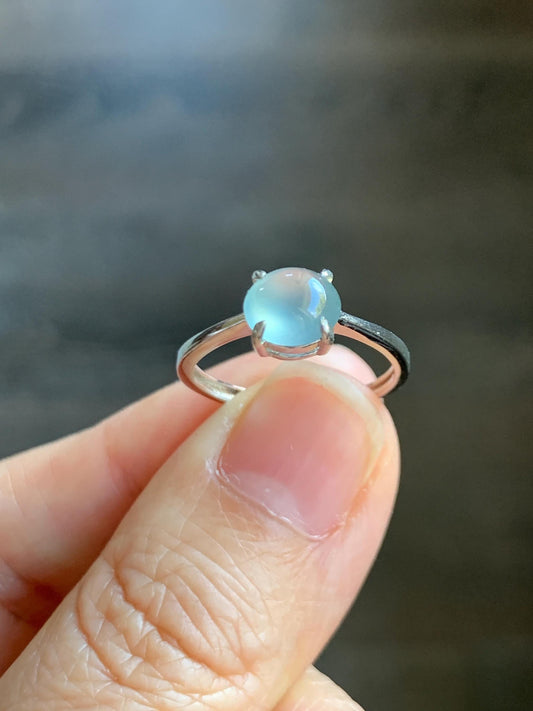 Natural Grade A Guatemalan Icy Highly Translucent Light Blue Jade Jadeite Solitaire Ring Sterling Silver Size Adjustable 天然高冰危蓝翡翠银镶戒指 GBL88