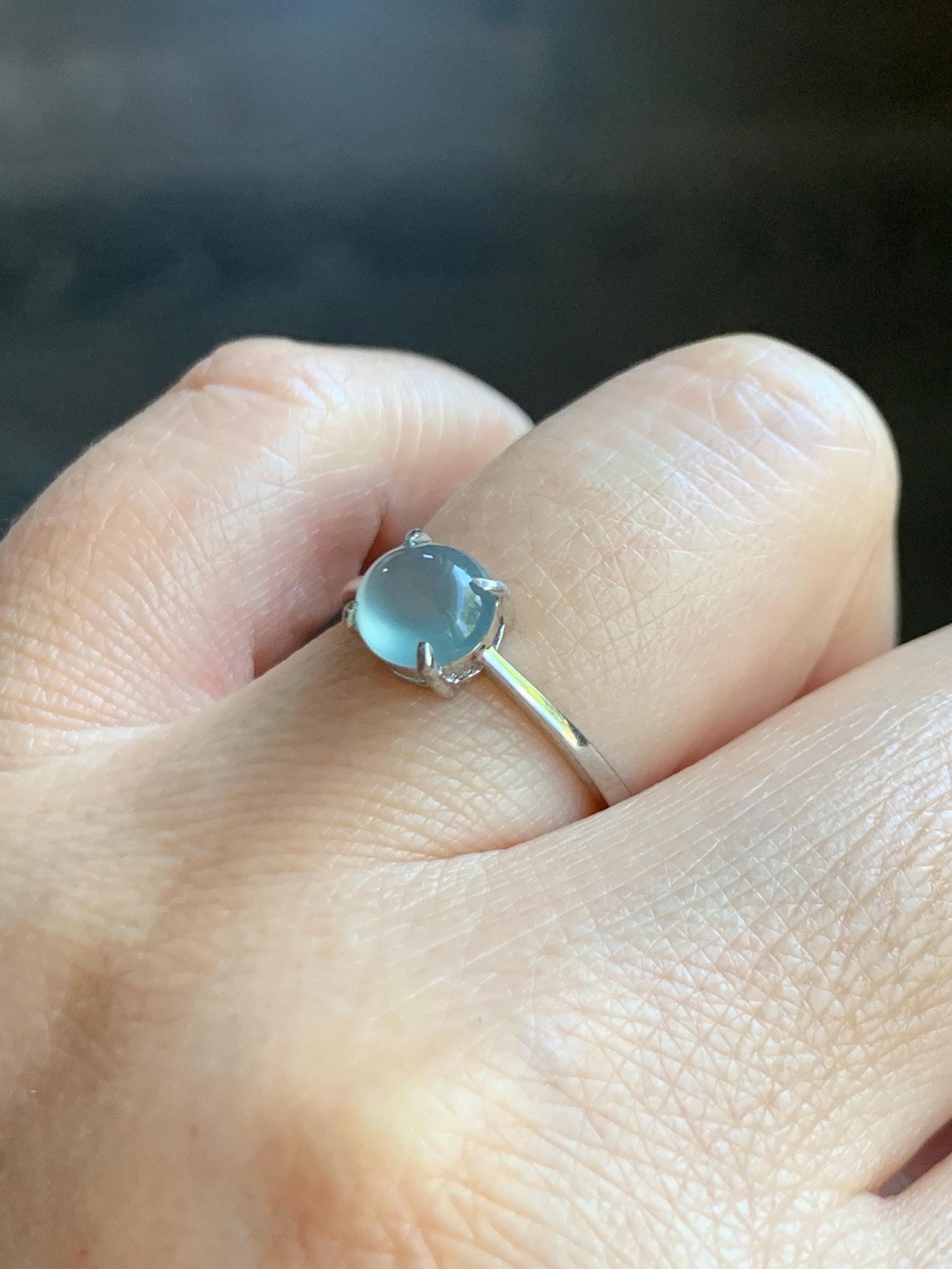 Natural Grade A Guatemalan Icy Highly Translucent Light Blue Jade Jadeite Solitaire Ring Sterling Silver Size Adjustable 天然高冰危蓝翡翠银镶戒指 GBL88