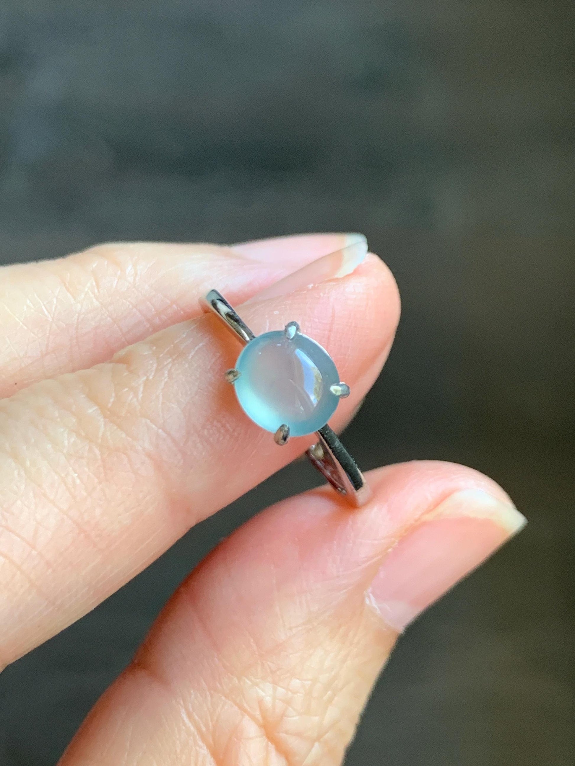 Natural Grade A Guatemalan Icy Highly Translucent Light Blue Jade Jadeite Solitaire Ring Sterling Silver Size Adjustable 天然高冰危蓝翡翠银镶戒指 GBL88