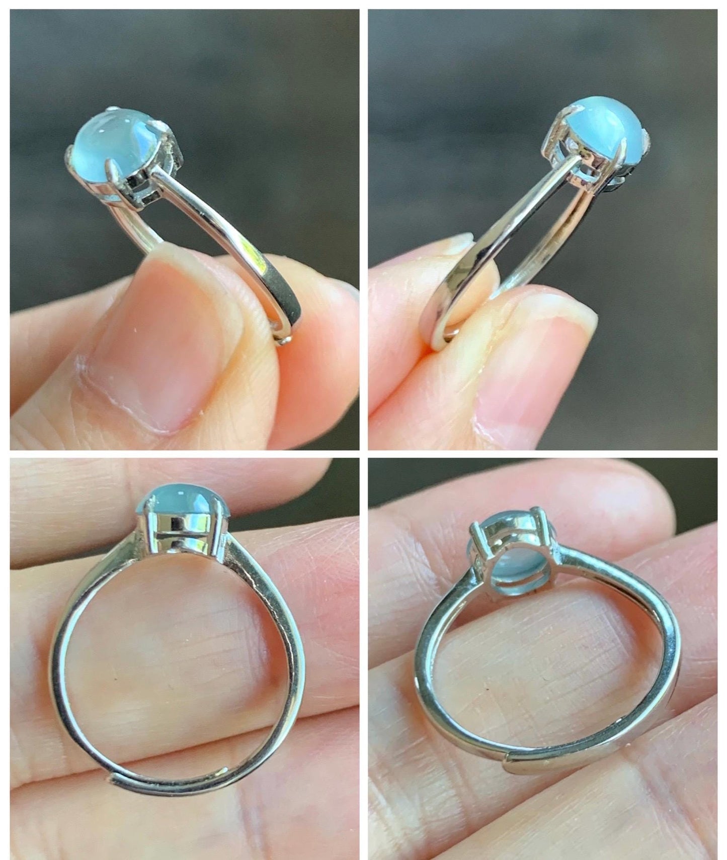 Natural Grade A Guatemalan Icy Highly Translucent Light Blue Jade Jadeite Solitaire Ring Sterling Silver Size Adjustable 天然高冰危蓝翡翠银镶戒指 GBL88