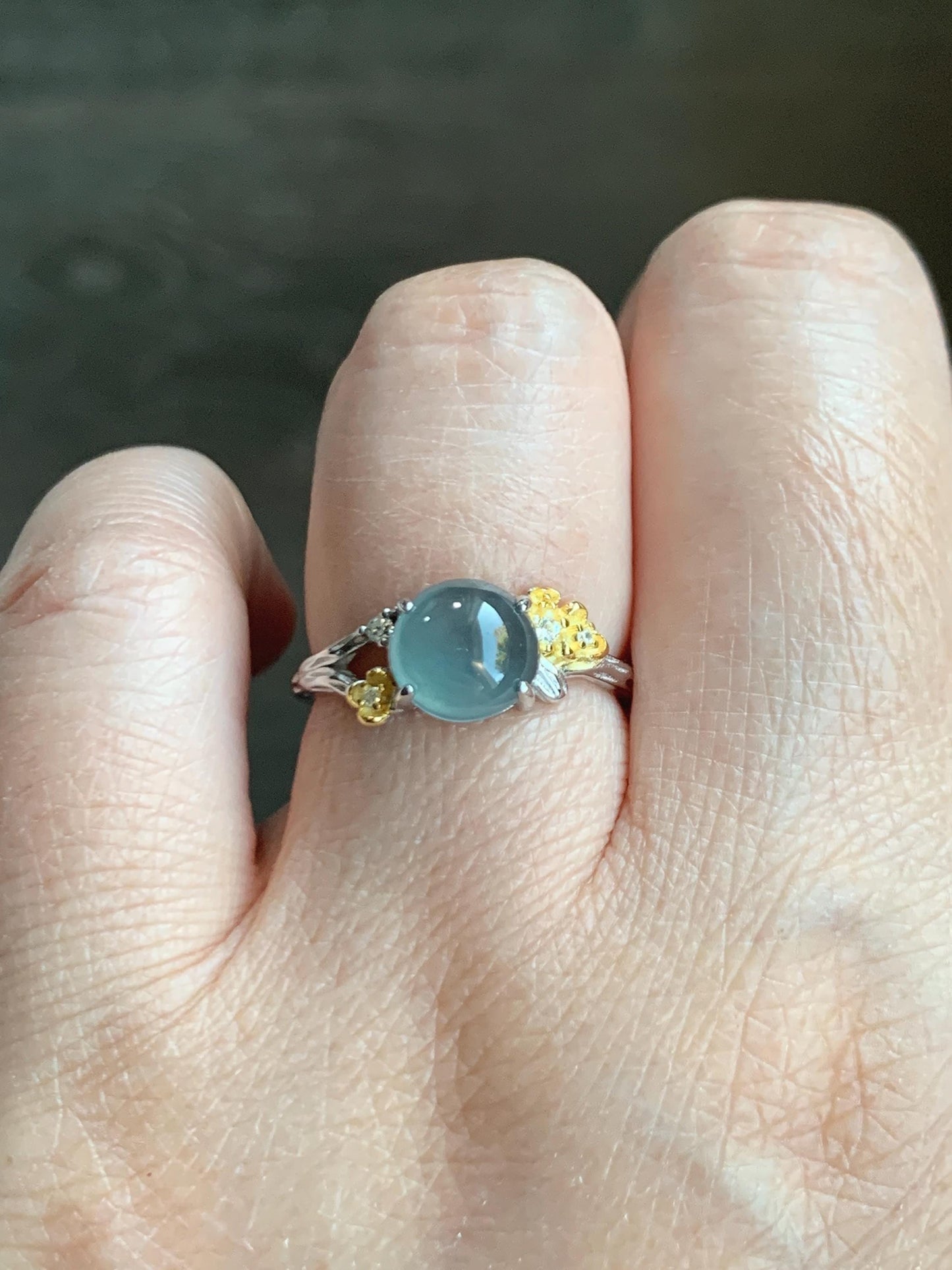 Natural Guatemalan Icy Highly Translucent Blue Jade Jadeite Cherry Blossom Branch Ring Sterling Silver Adjustable 天然冰危蓝起光翡翠梅花枝戒指 MH203C