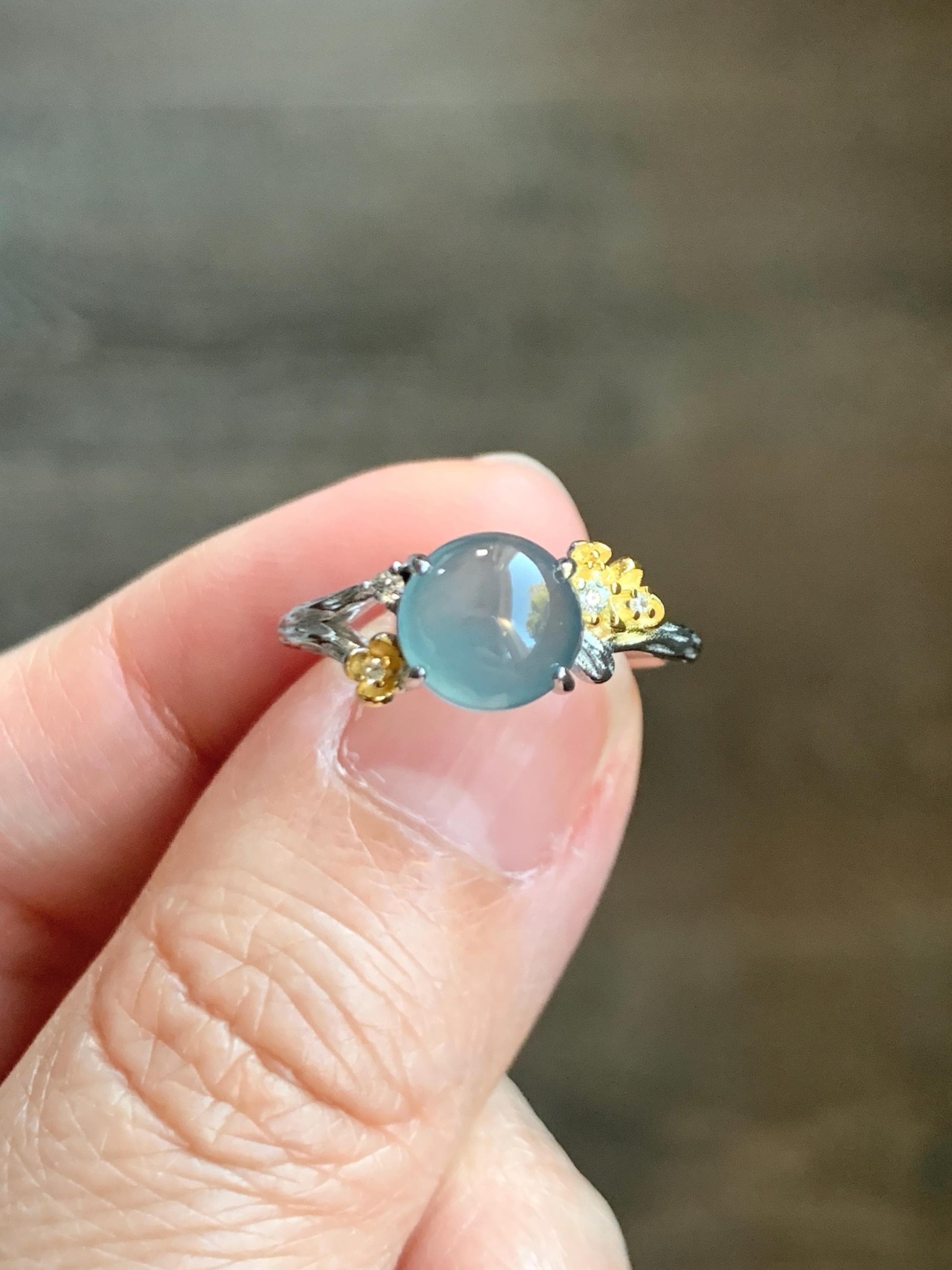 Natural Guatemalan Icy Highly Translucent Blue Jade Jadeite Cherry Blossom Branch Ring Sterling Silver Adjustable 天然冰危蓝起光翡翠梅花枝戒指 MH203C