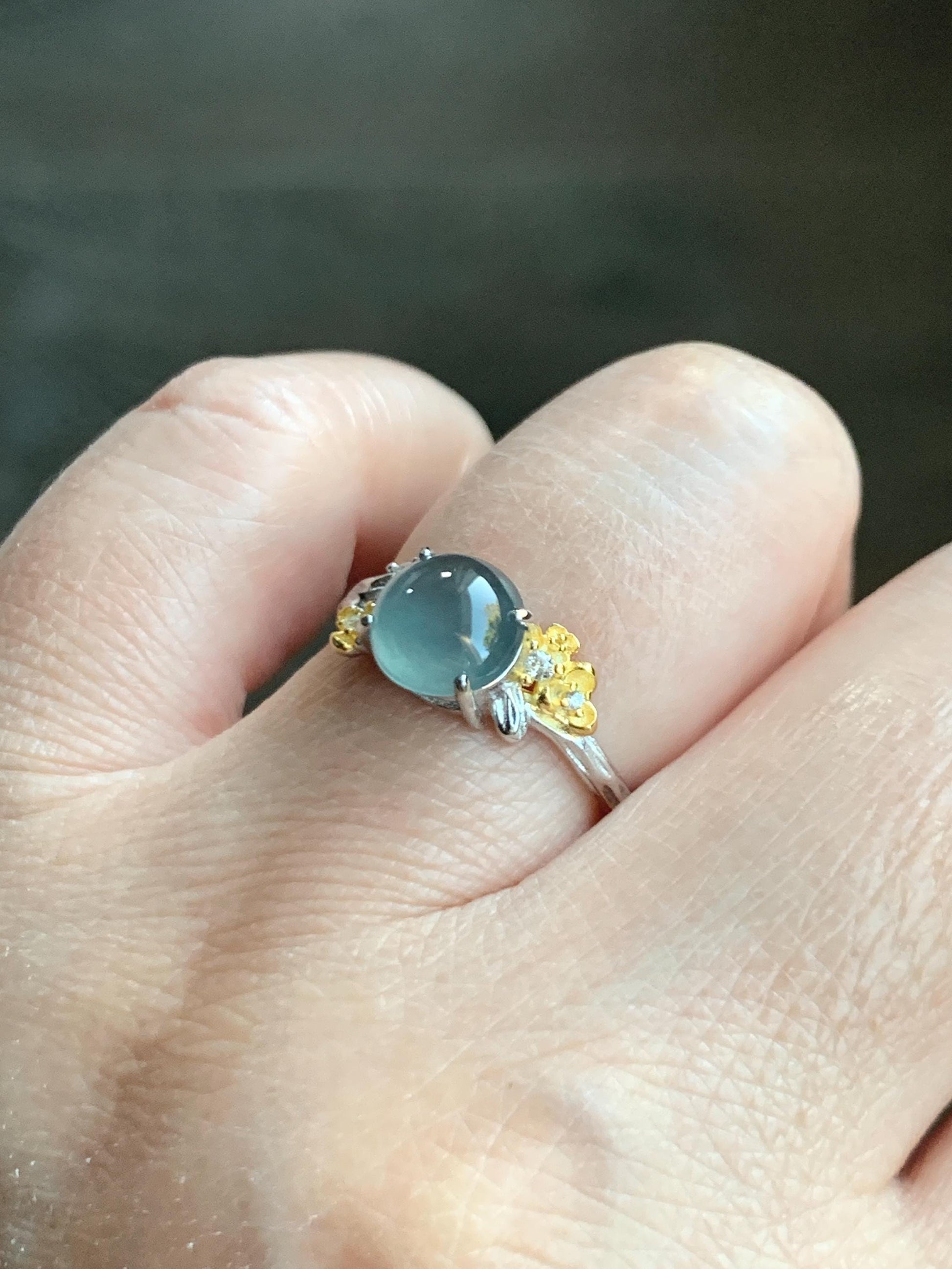 Natural Guatemalan Icy Highly Translucent Blue Jade Jadeite Cherry Blossom Branch Ring Sterling Silver Adjustable 天然冰危蓝起光翡翠梅花枝戒指 MH203C