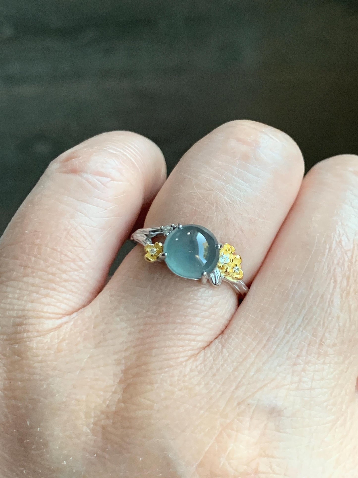 Natural Guatemalan Icy Highly Translucent Blue Jade Jadeite Cherry Blossom Branch Ring Sterling Silver Adjustable 天然冰危蓝起光翡翠梅花枝戒指 MH203C