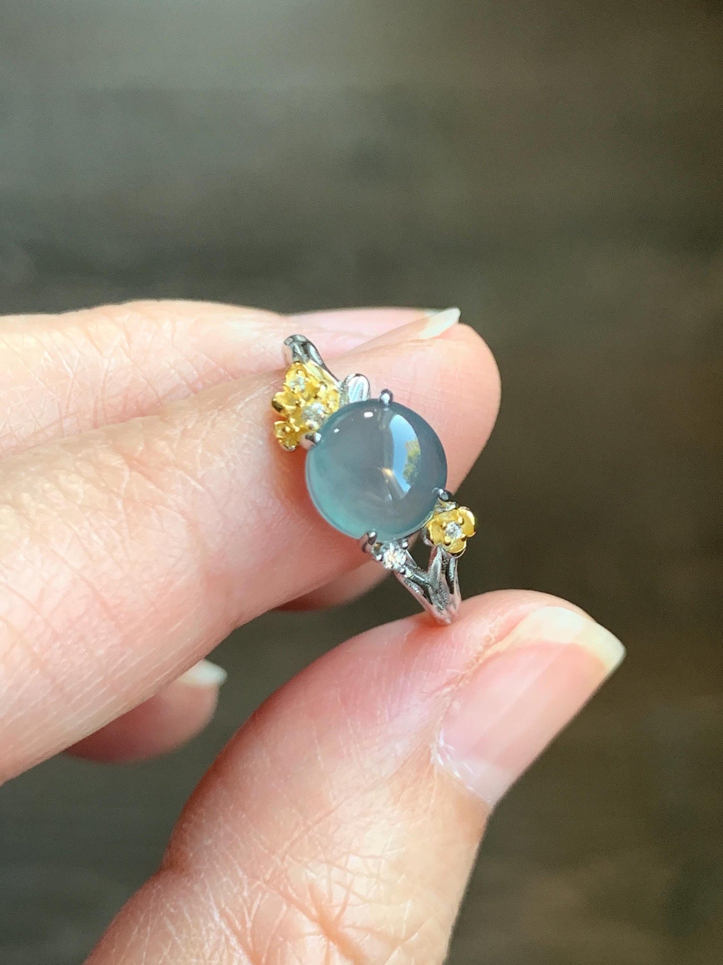 Natural Guatemalan Icy Highly Translucent Blue Jade Jadeite Cherry Blossom Branch Ring Sterling Silver Adjustable 天然冰危蓝起光翡翠梅花枝戒指 MH203C