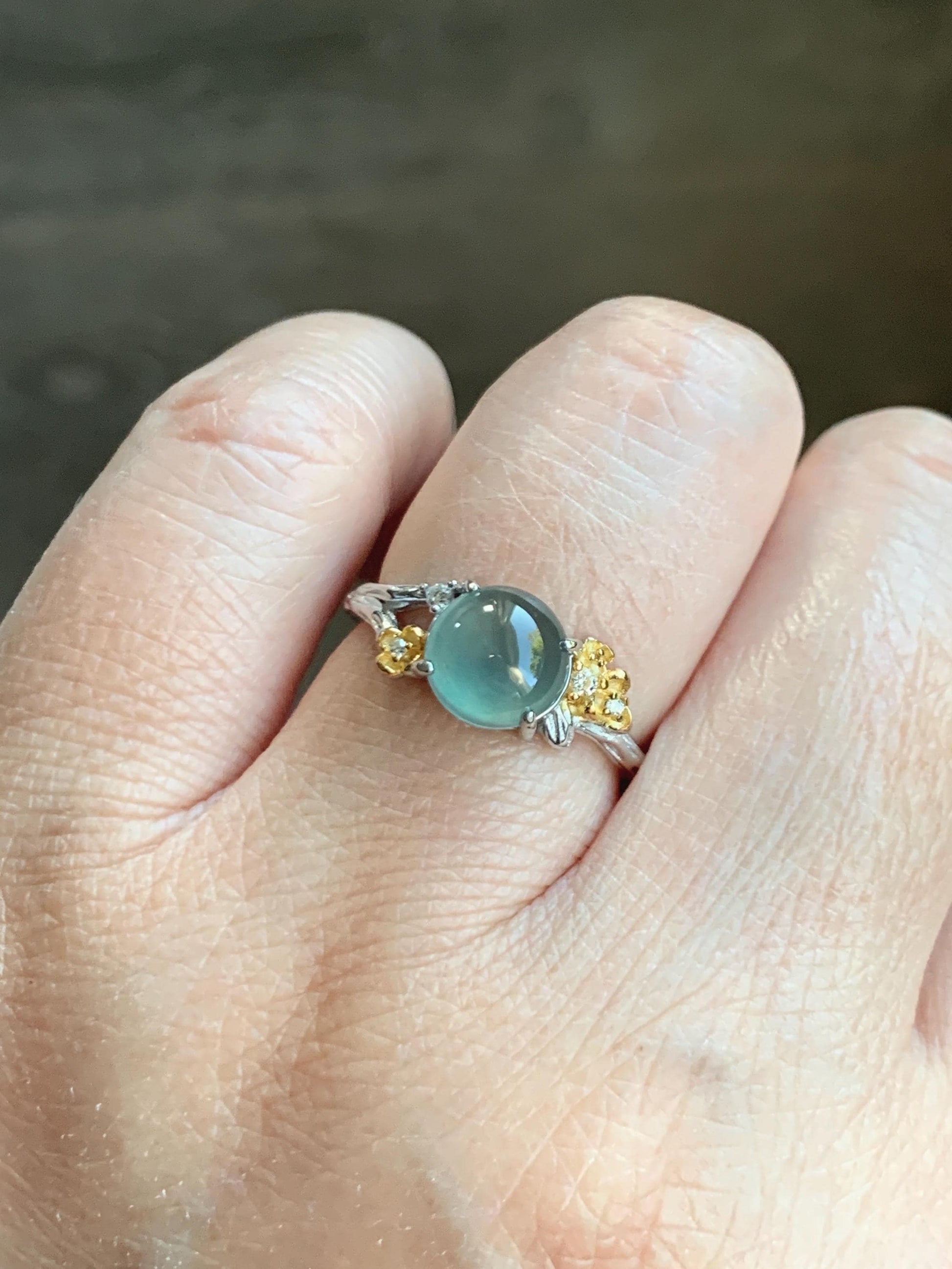 Natural Guatemalan Icy Highly Translucent Teal Jade Jadeite Cherry Blossom Branch Ring Sterling Silver Adjustable 天然冰危蓝绿起光翡翠梅花枝戒指 MH203B