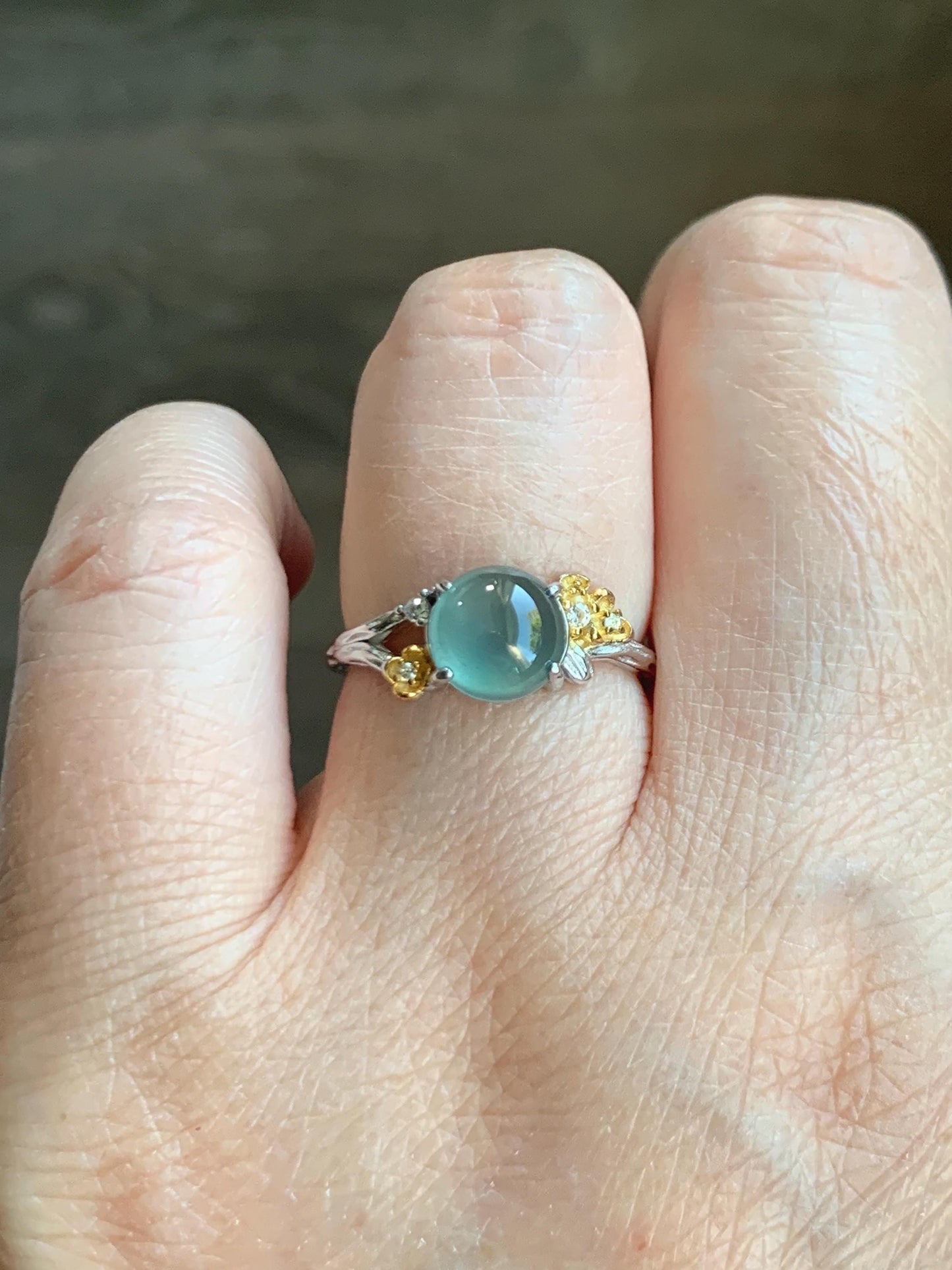 Natural Guatemalan Icy Highly Translucent Teal Jade Jadeite Cherry Blossom Branch Ring Sterling Silver Adjustable 天然冰危蓝绿起光翡翠梅花枝戒指 MH203B