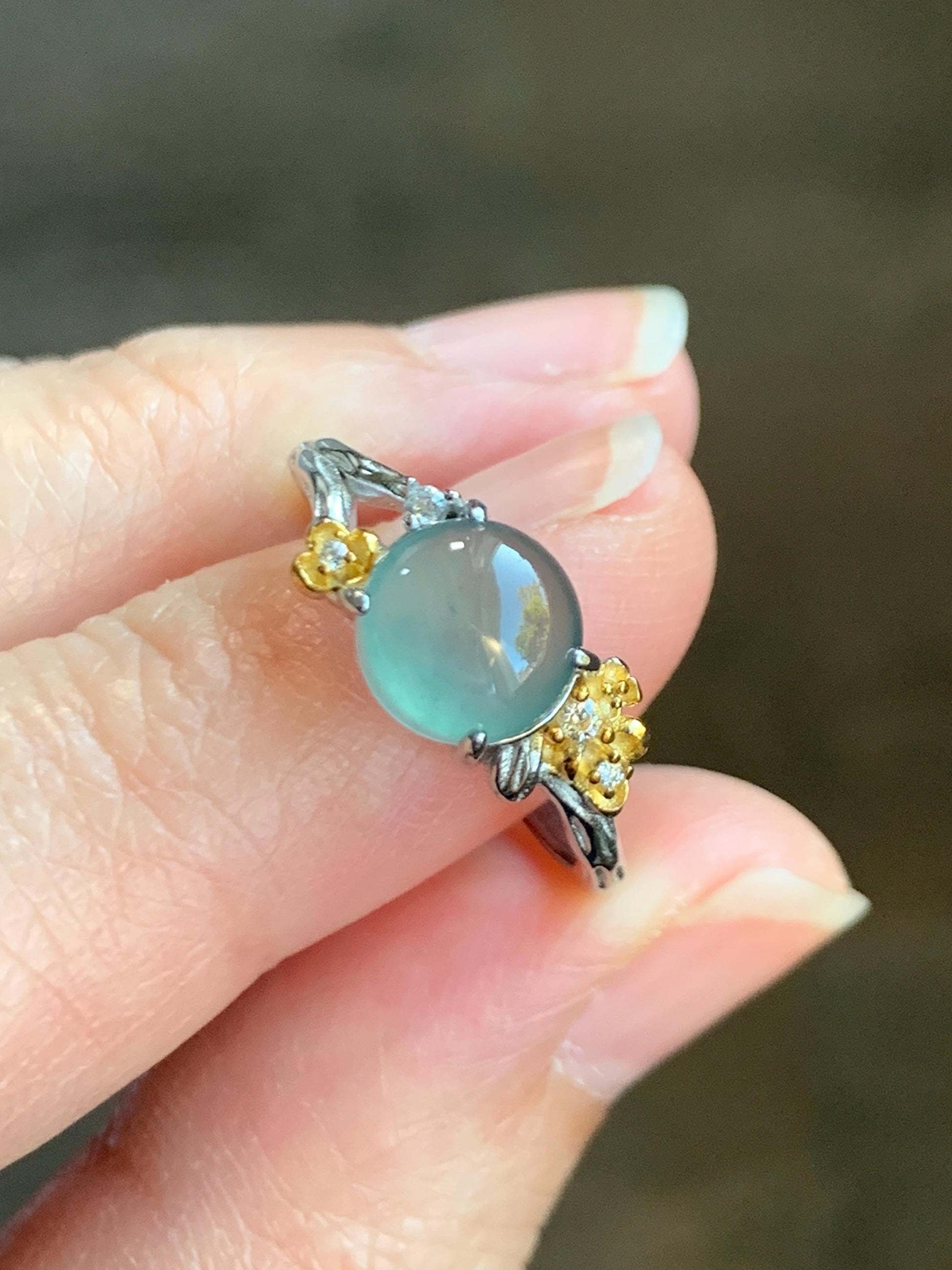 Natural Guatemalan Icy Highly Translucent Teal Jade Jadeite Cherry Blossom Branch Ring Sterling Silver Adjustable 天然冰危蓝绿起光翡翠梅花枝戒指 MH203B