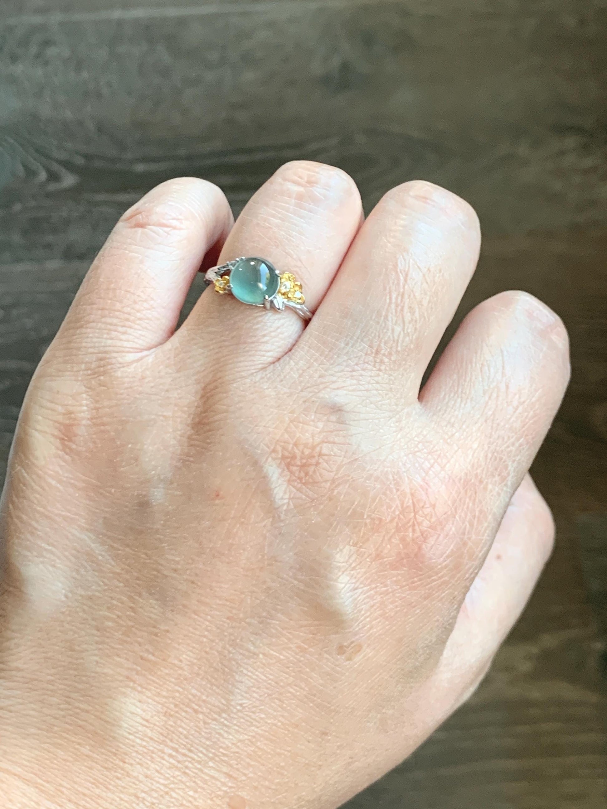 Natural Guatemalan Icy Highly Translucent Teal Jade Jadeite Cherry Blossom Branch Ring Sterling Silver Adjustable 天然冰危蓝绿起光翡翠梅花枝戒指 MH203B