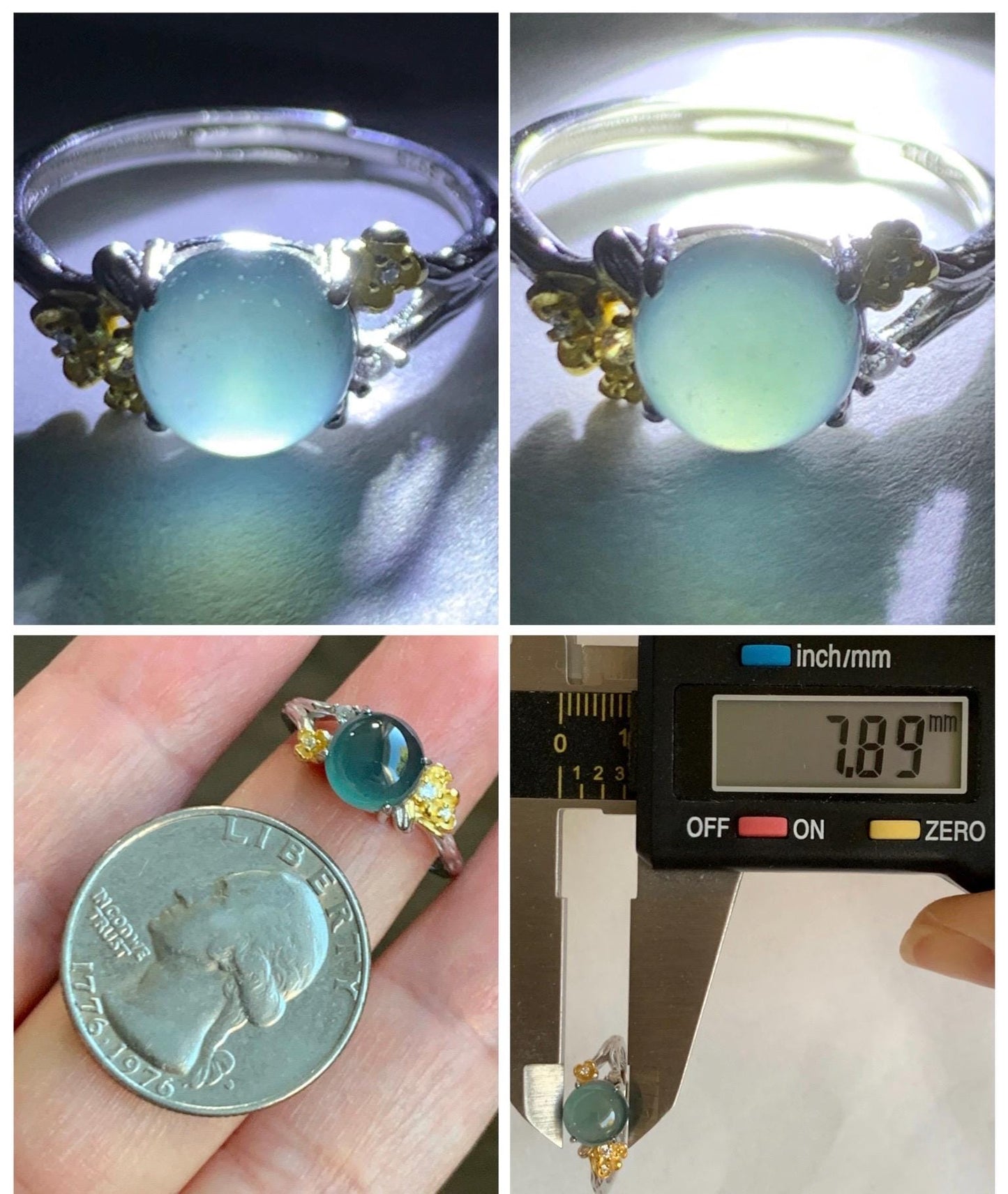 Natural Guatemalan Icy Highly Translucent Teal Jade Jadeite Cherry Blossom Branch Ring Sterling Silver Adjustable 天然冰危深蓝起光翡翠梅花枝戒指 MH203A