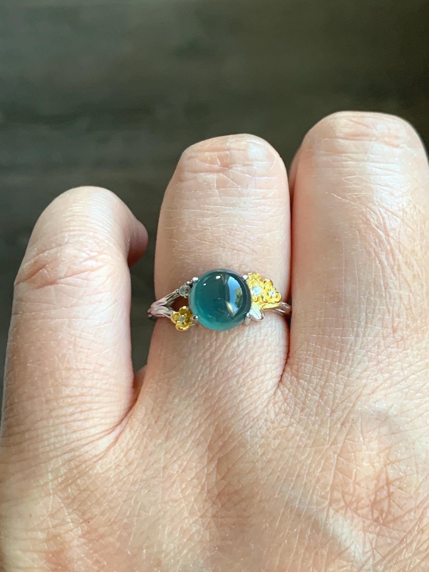 Natural Guatemalan Icy Highly Translucent Teal Jade Jadeite Cherry Blossom Branch Ring Sterling Silver Adjustable 天然冰危深蓝起光翡翠梅花枝戒指 MH203A