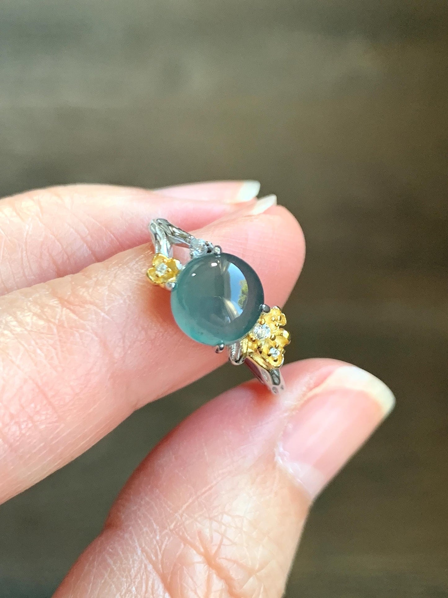 Natural Guatemalan Icy Highly Translucent Teal Jade Jadeite Cherry Blossom Branch Ring Sterling Silver Adjustable 天然冰危深蓝起光翡翠梅花枝戒指 MH203A