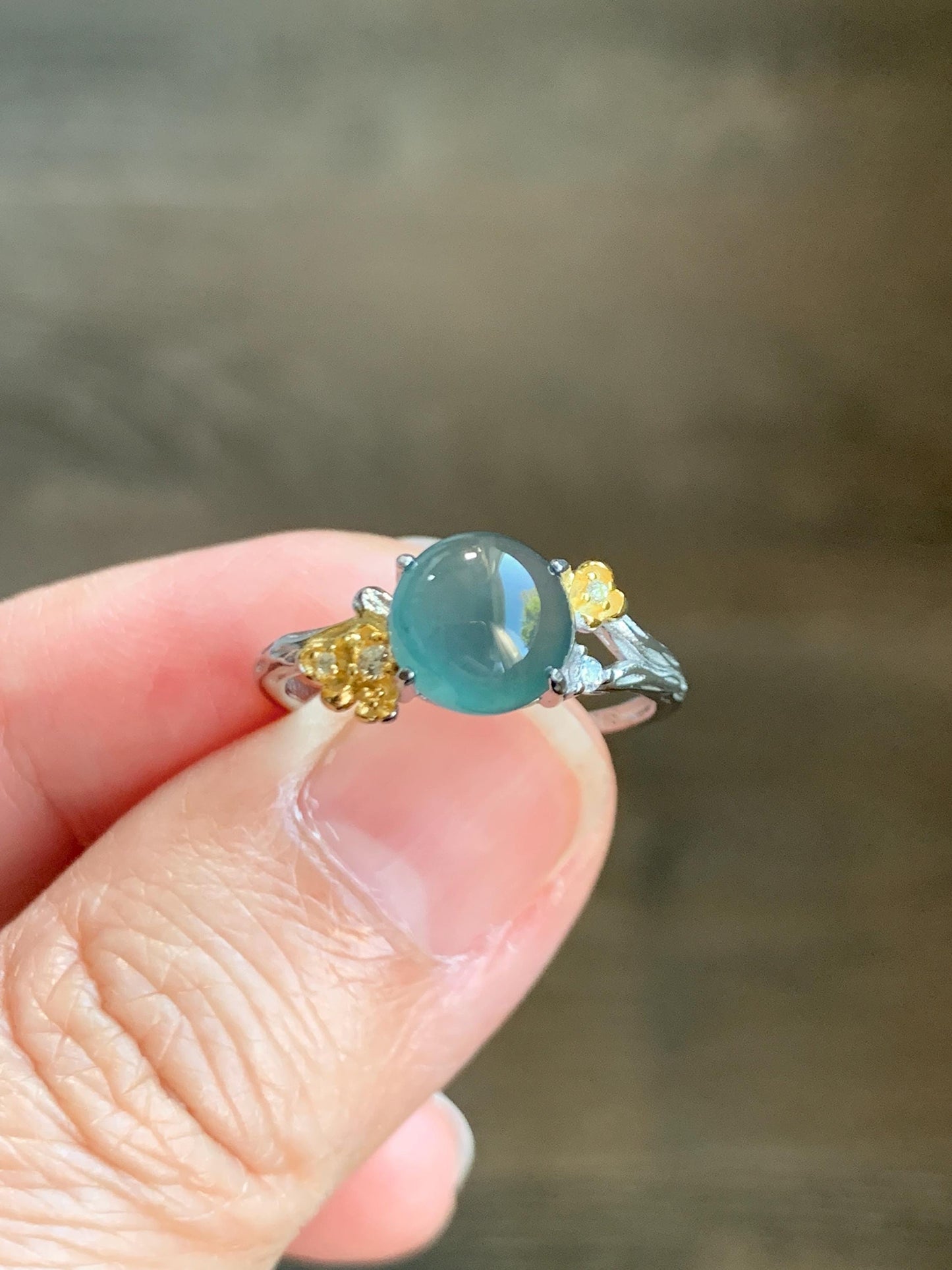 Natural Guatemalan Icy Highly Translucent Teal Jade Jadeite Cherry Blossom Branch Ring Sterling Silver Adjustable 天然冰危深蓝起光翡翠梅花枝戒指 MH203A