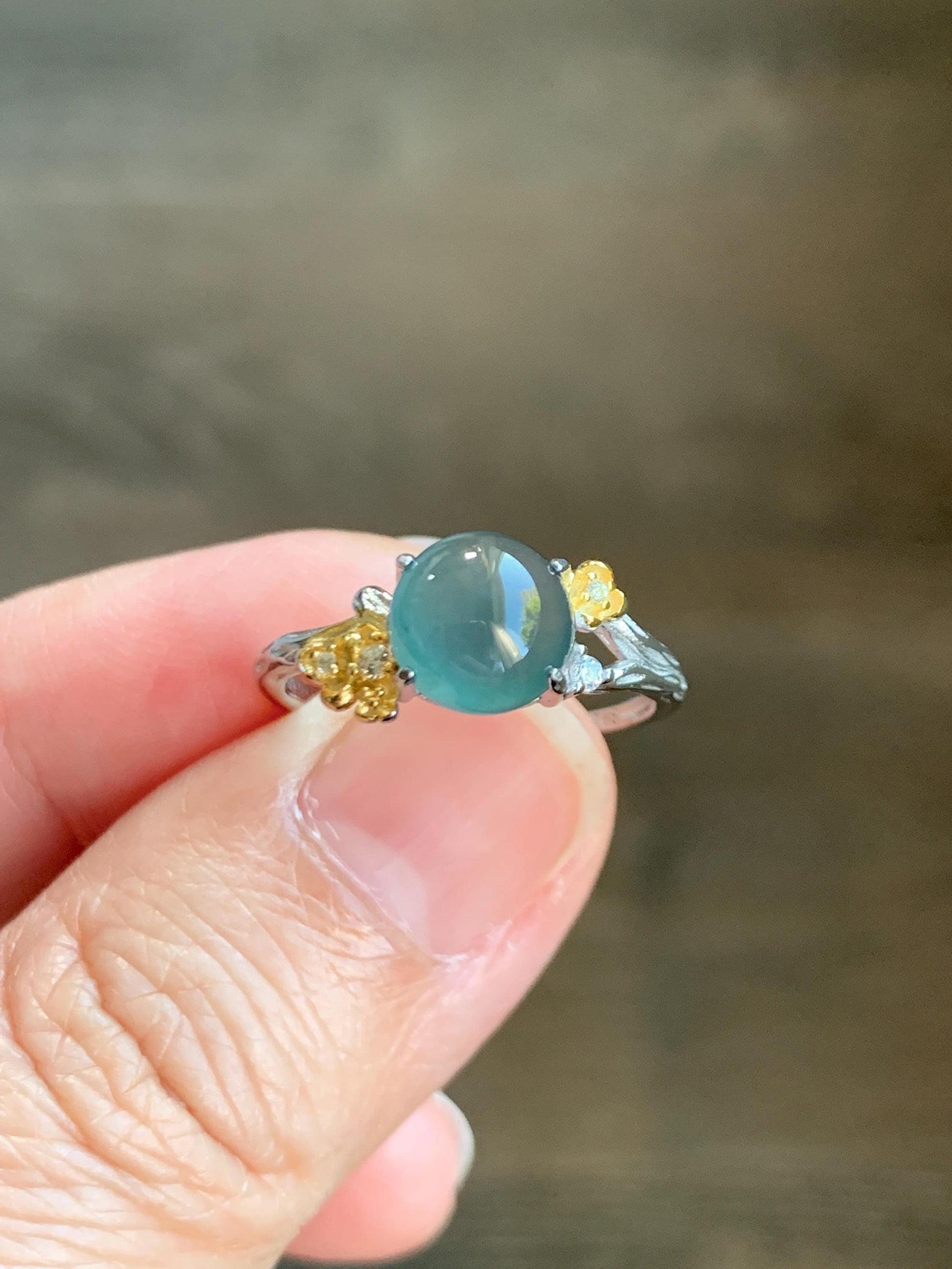 Natural Guatemalan Icy Highly Translucent Teal Jade Jadeite Cherry Blossom Branch Ring Sterling Silver Adjustable 天然冰危深蓝起光翡翠梅花枝戒指 MH203A