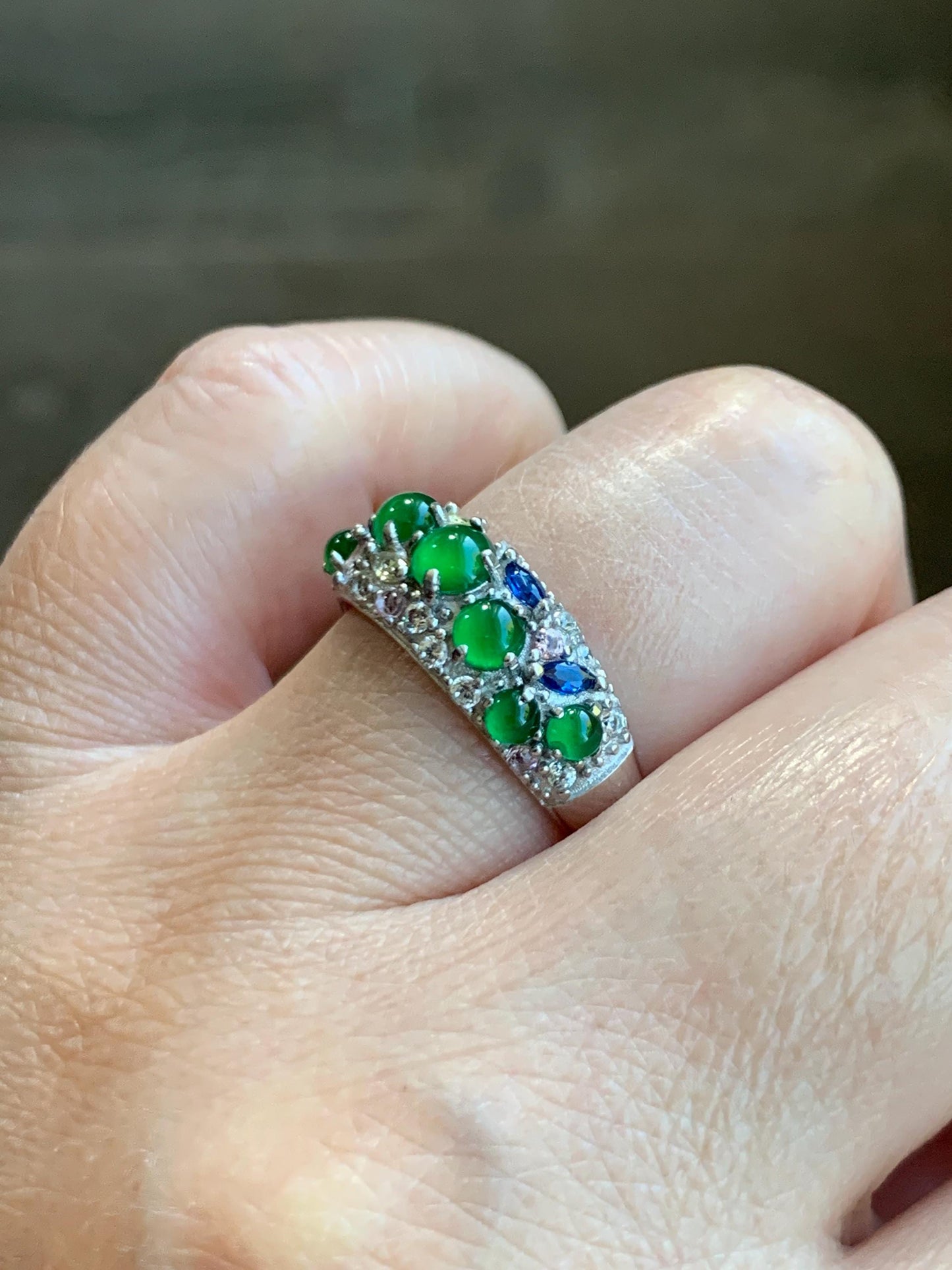 Natural Grade A Guatemalan Icy Translucent Vibrant Green Jade Jadeite Band Ring Sterling Silver Size 7 Adjustable 天然冰危绿翡翠花开富贵银镶戒指 HKFG96