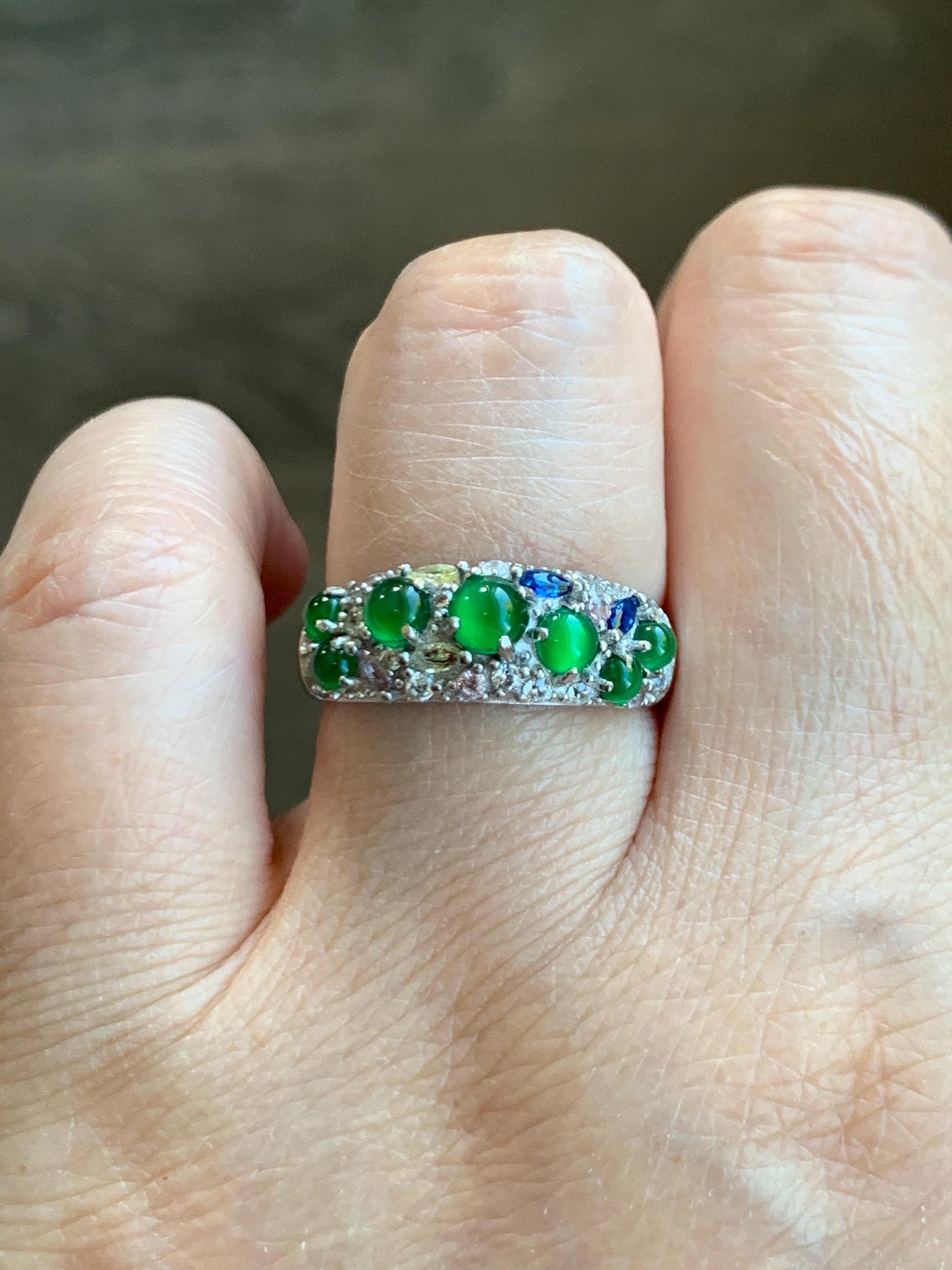 Natural Grade A Guatemalan Icy Translucent Vibrant Green Jade Jadeite Band Ring Sterling Silver Size 7 Adjustable 天然冰危绿翡翠花开富贵银镶戒指 HKFG96