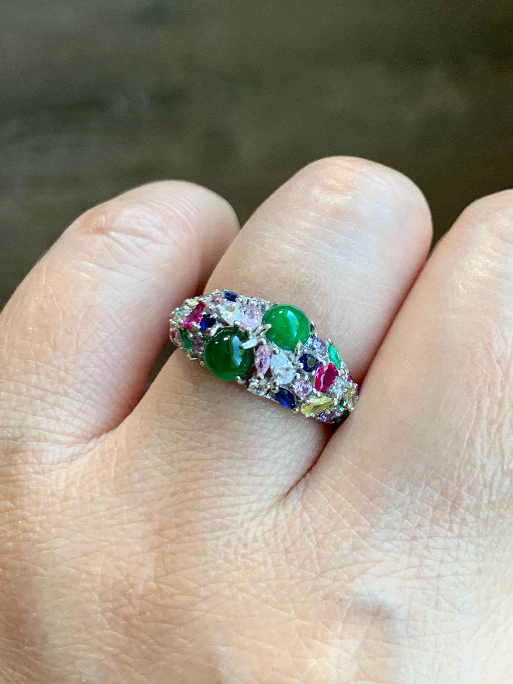 Natural Grade A Guatemalan Icy Translucent Vibrant Green Jade Jadeite Band Ring Sterling Silver Size 6.5 Adjustable 天然冰危绿翡翠花开富贵银镶戒指 HKFG88